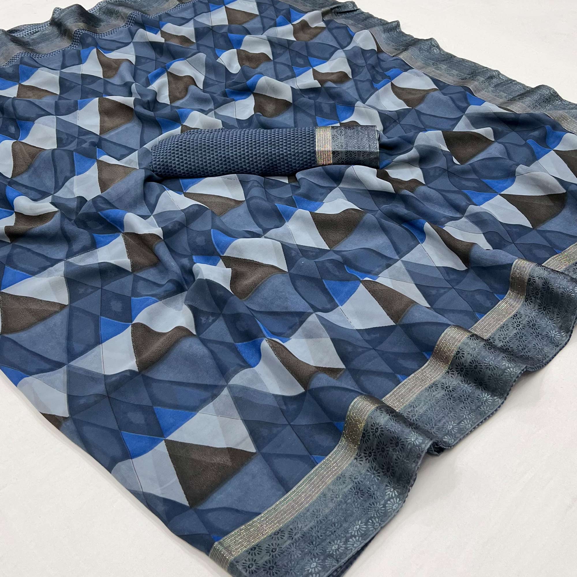 Blue Geometric Printed Georgette Saree
