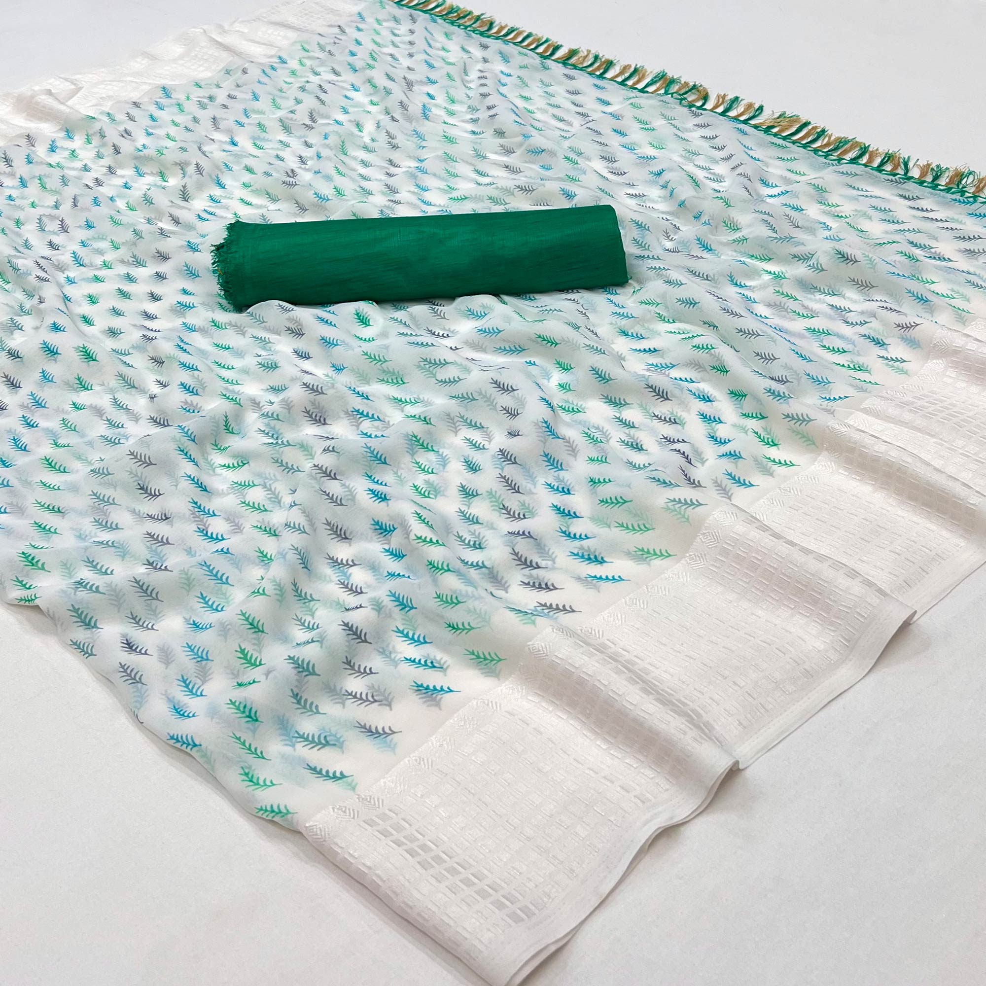 White Printed With Checks Border Georgette Saree