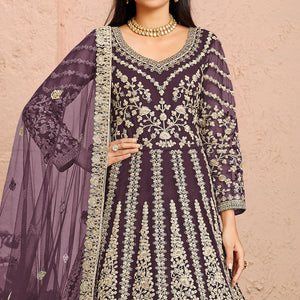 Mauve Floral Embroidered Net Gown