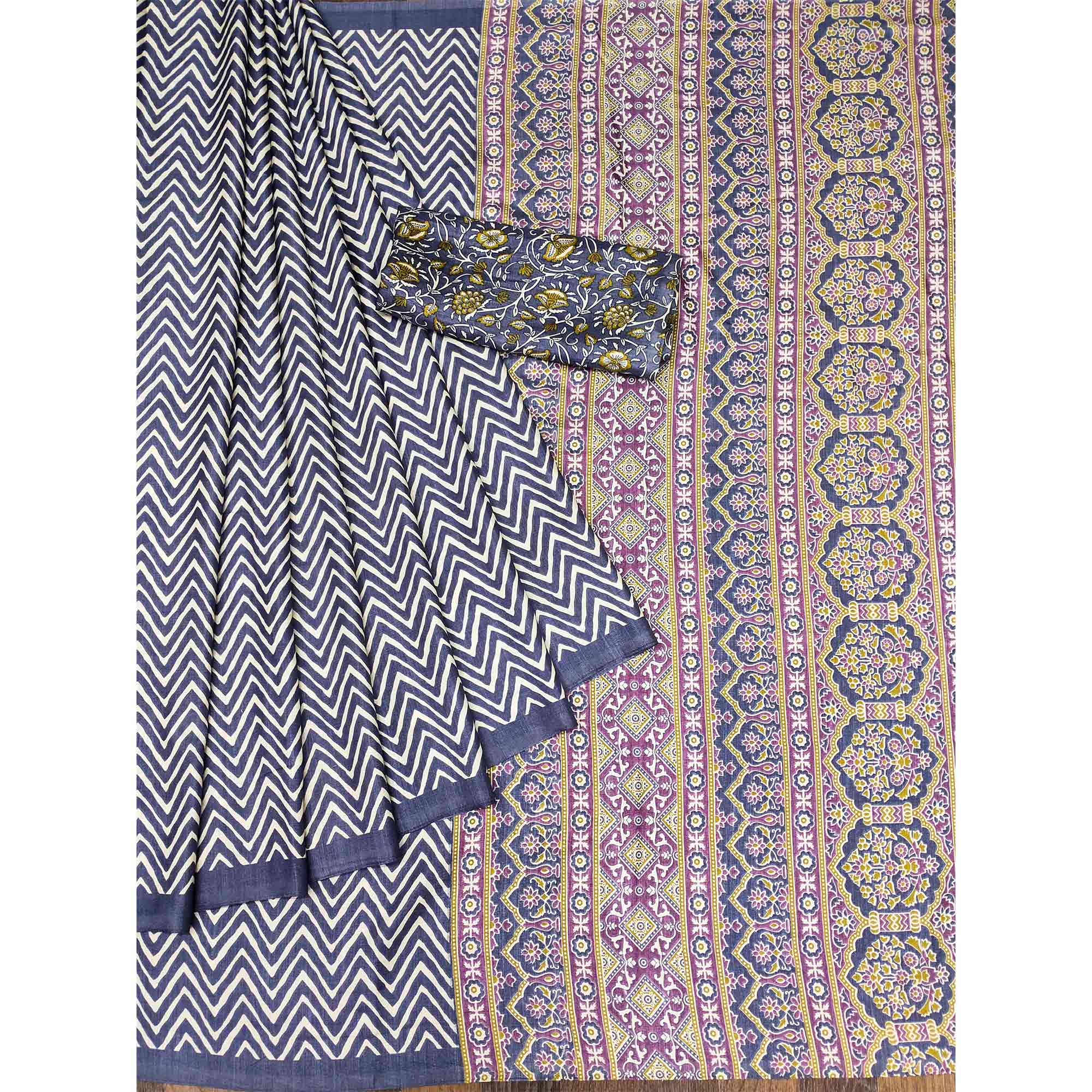 Grey Striped Printed Art Silk Saree
