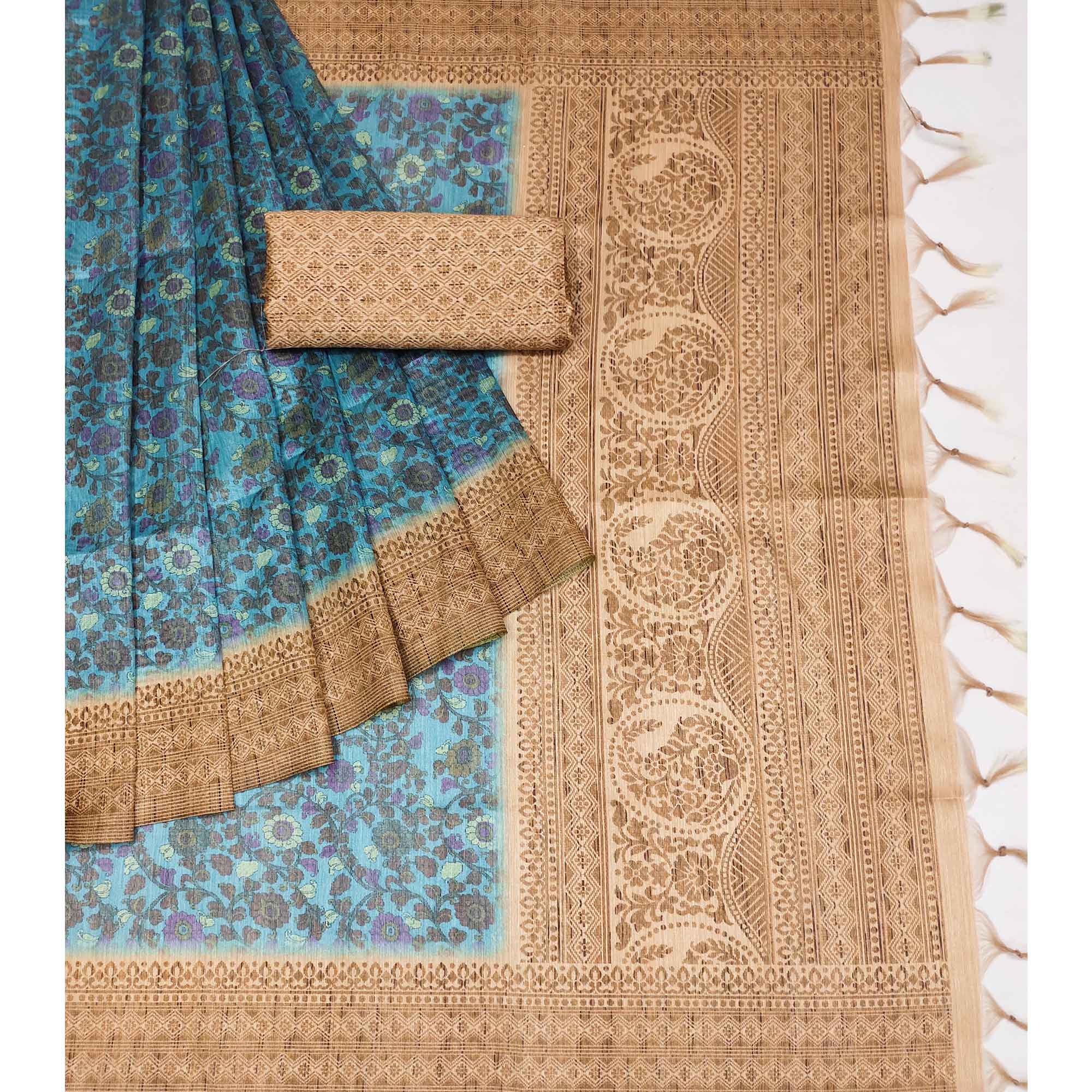 Blue Floral Printed Cotton Silk Saree With Tassels