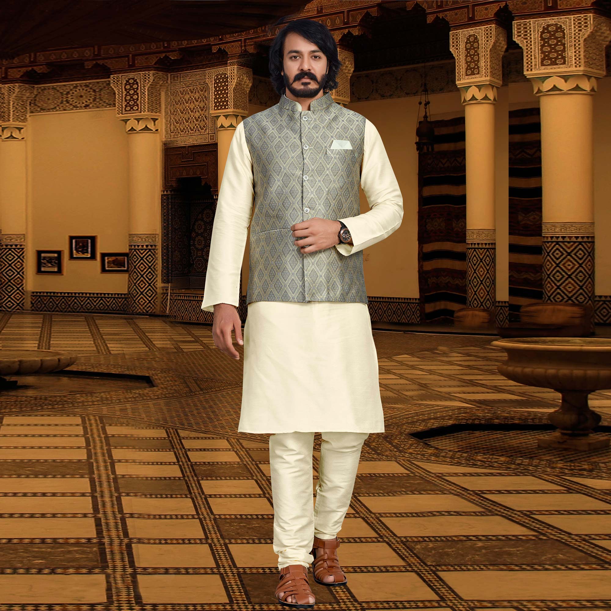 Cream Grey Woven Art Silk Kurta Pyjama Set With Jacket