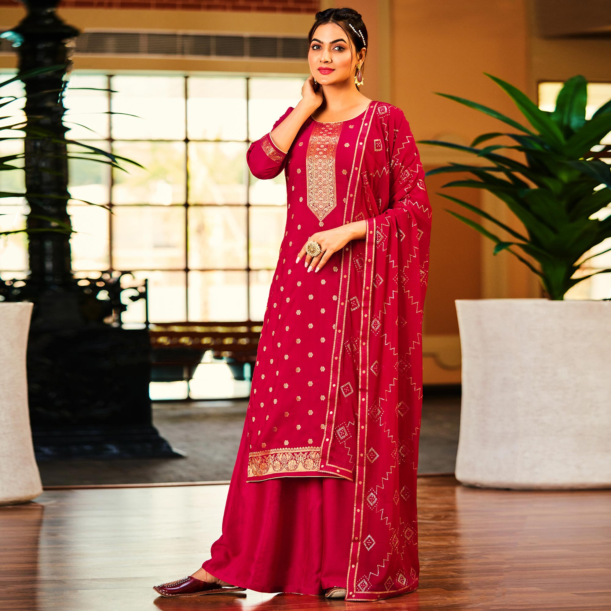 Pink Woven Muslin Palazzo Suit