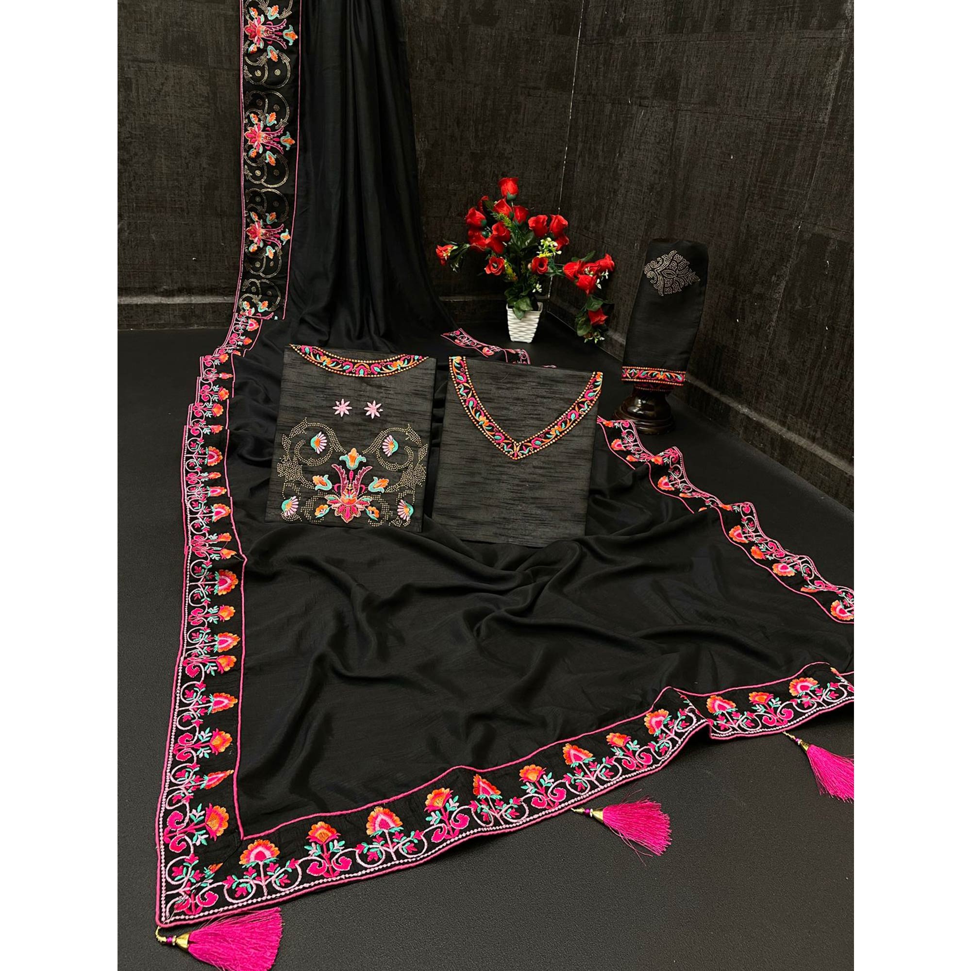 Black Floral Embroidered Vichitra Silk Saree