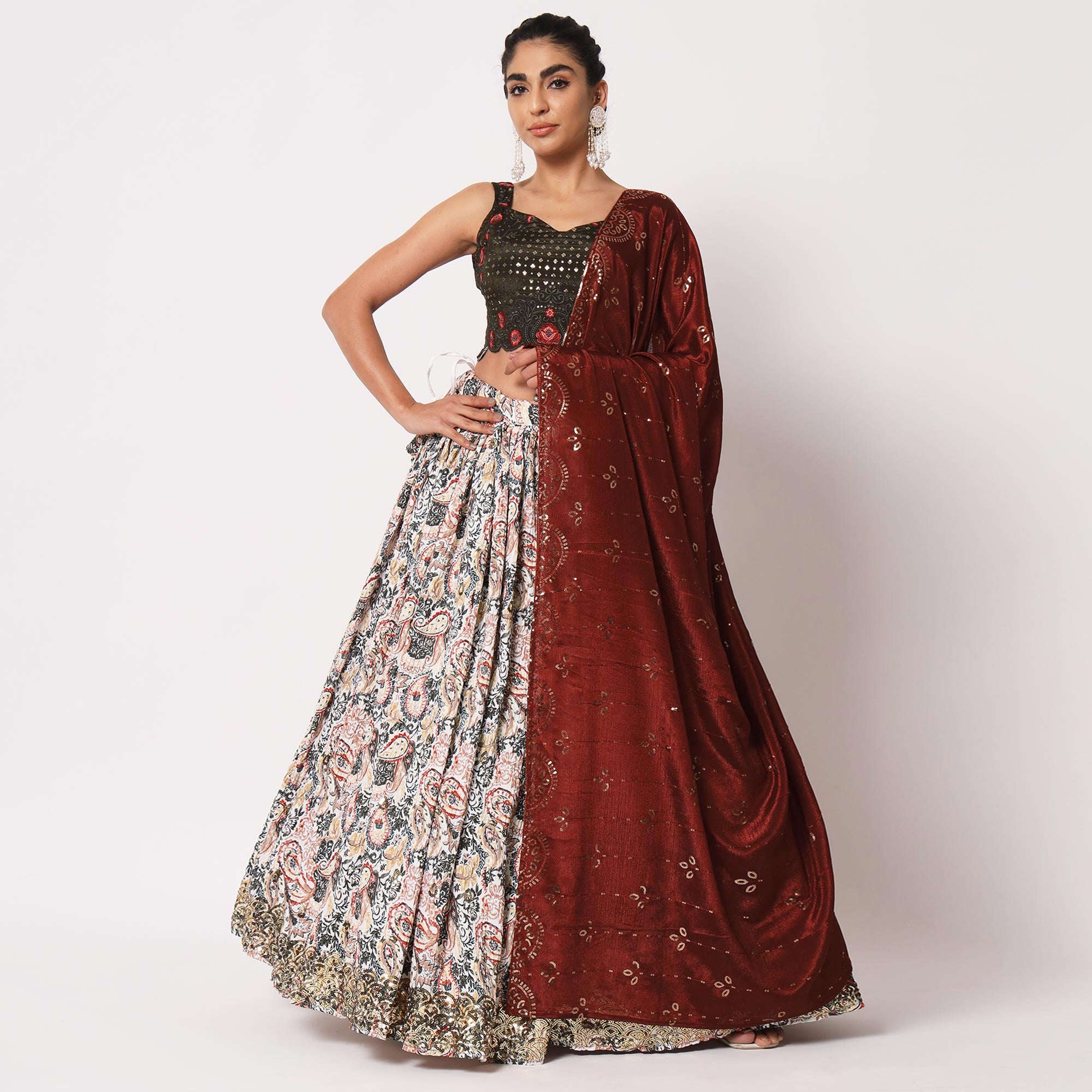 Offwhite Printed Art Silk Lehenga Choli