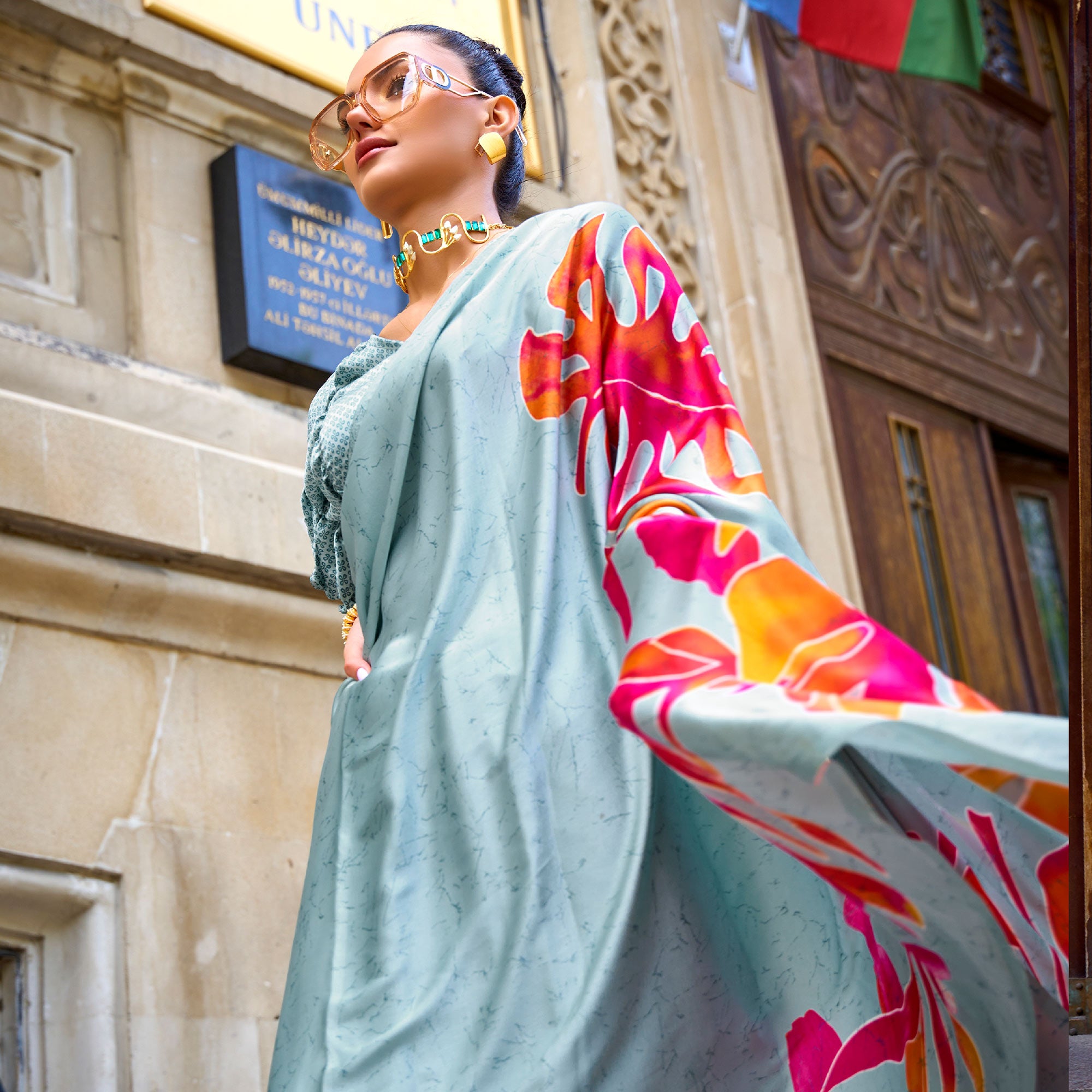 Aqua Blue Printed Crepe Saree