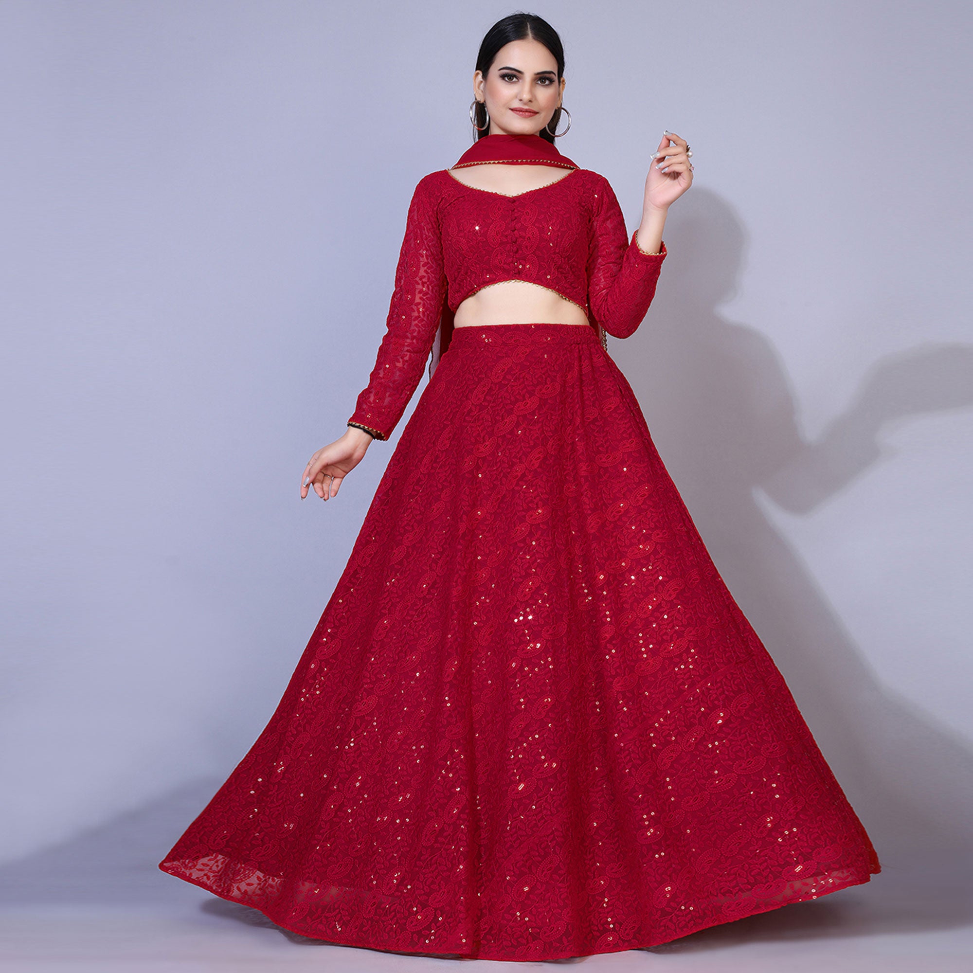 Dark Red Lucknowi Chikankari Work Georgette Lehenga Choli