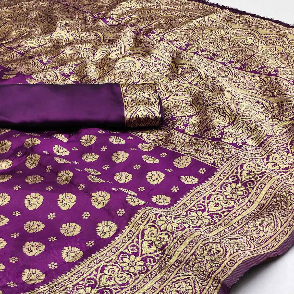 Purple Woven Jacquard Saree With Tassels