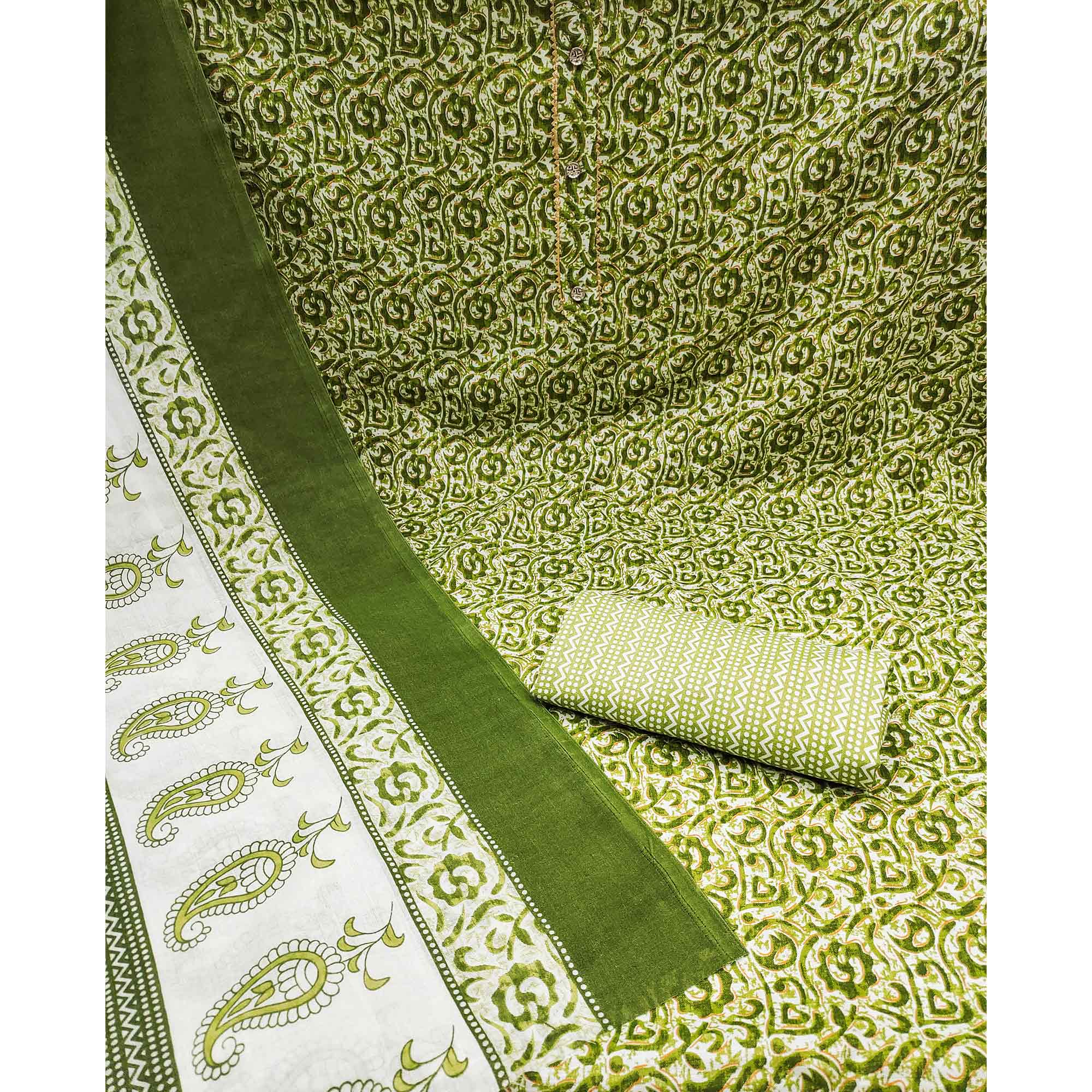 Green Floral Printed Cotton Dress Material
