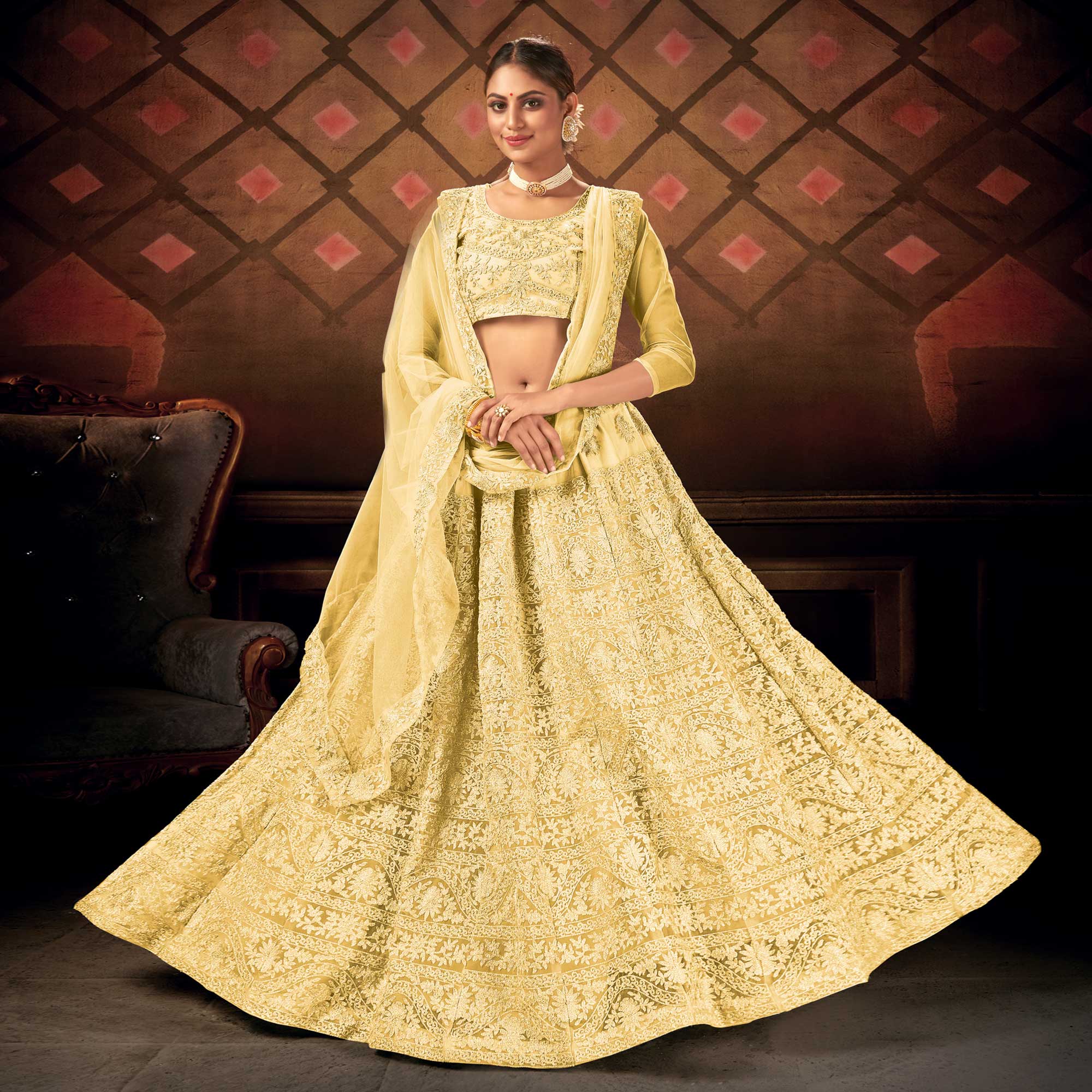 Yellow Embroidered Netted Lehenga Choli