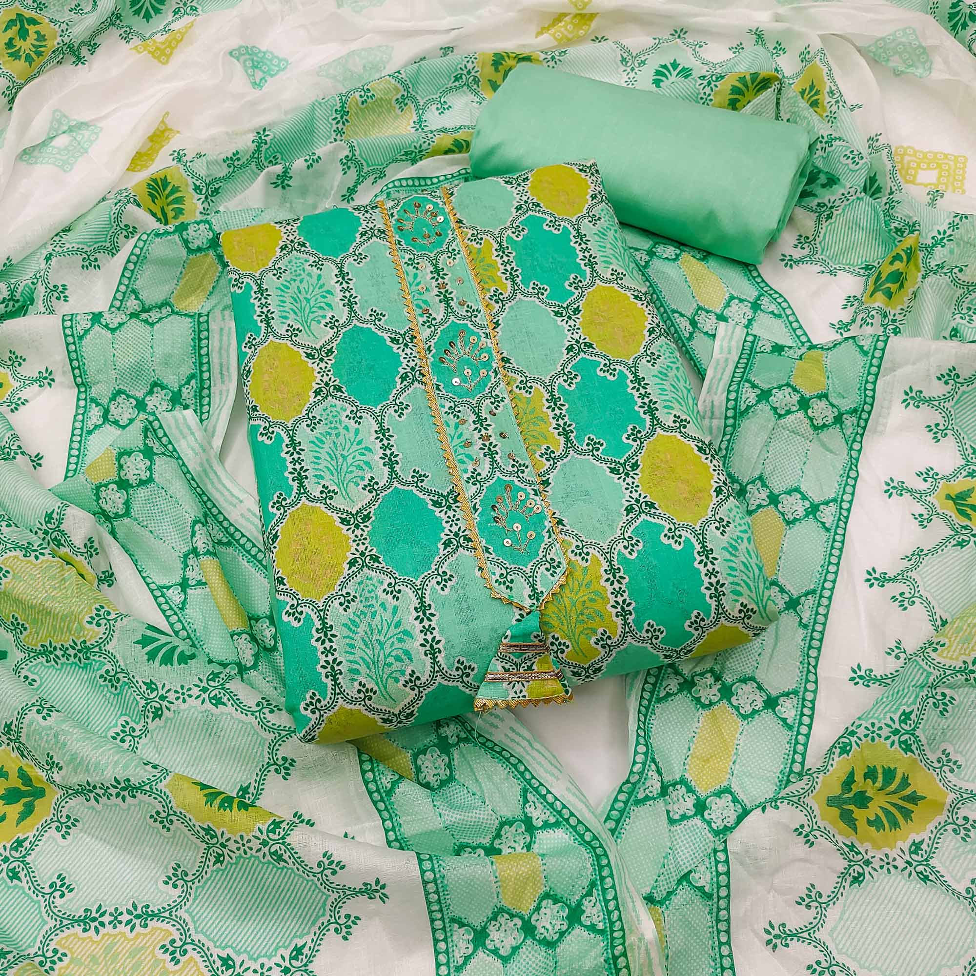 Green Printed Pure Cotton Dress Material