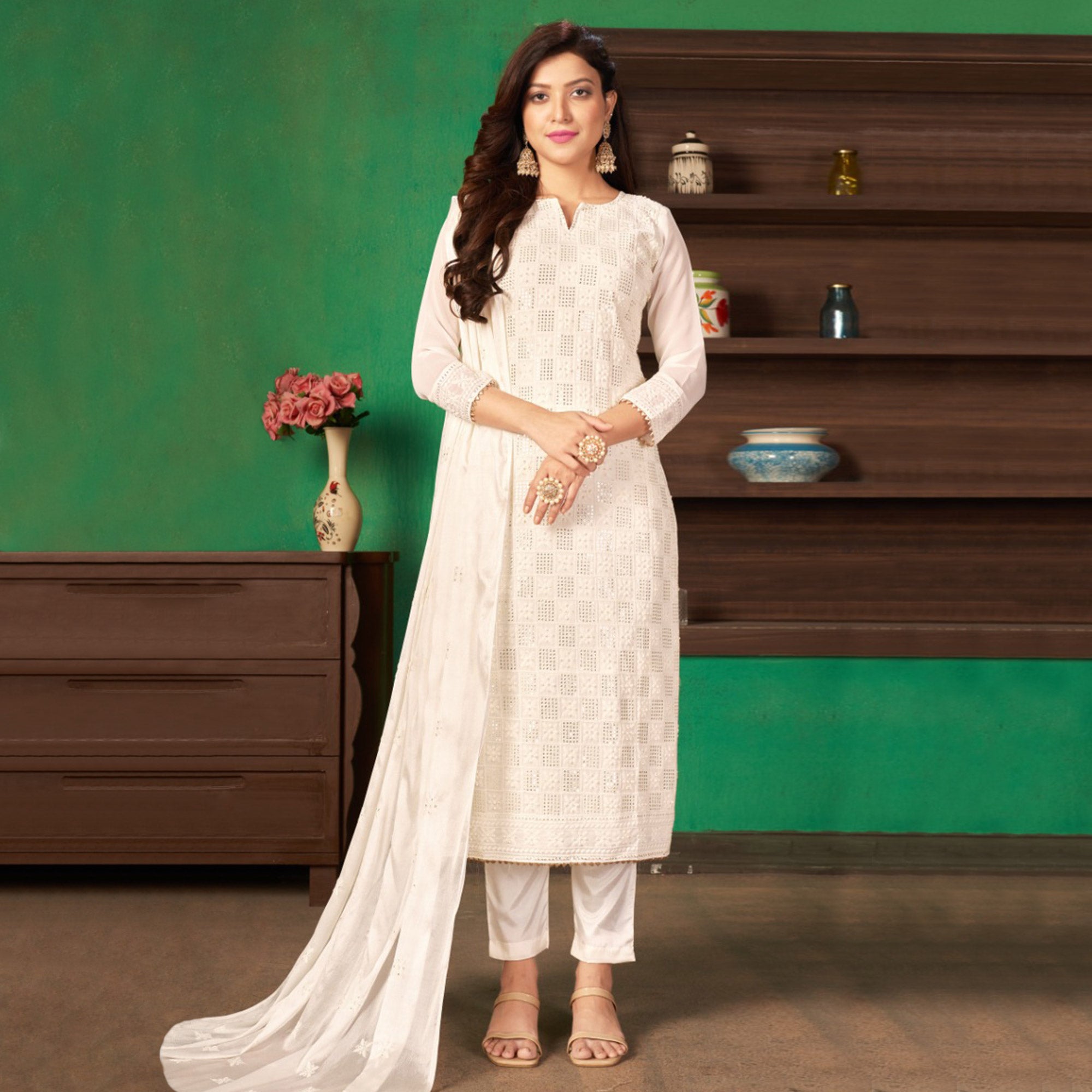 White Sequins Embroidered Georgette Suit