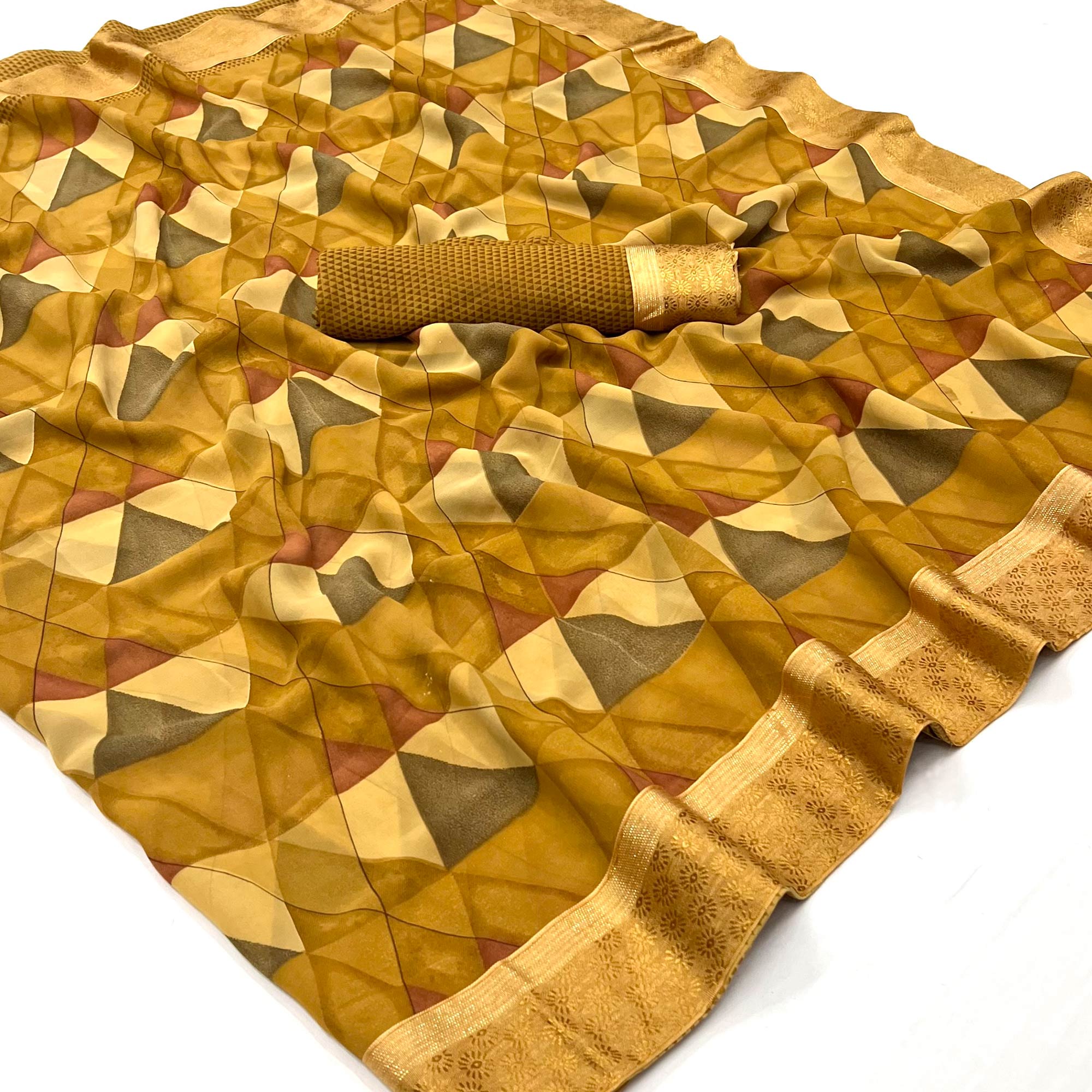 Mustard Geometric Printed Georgette Saree