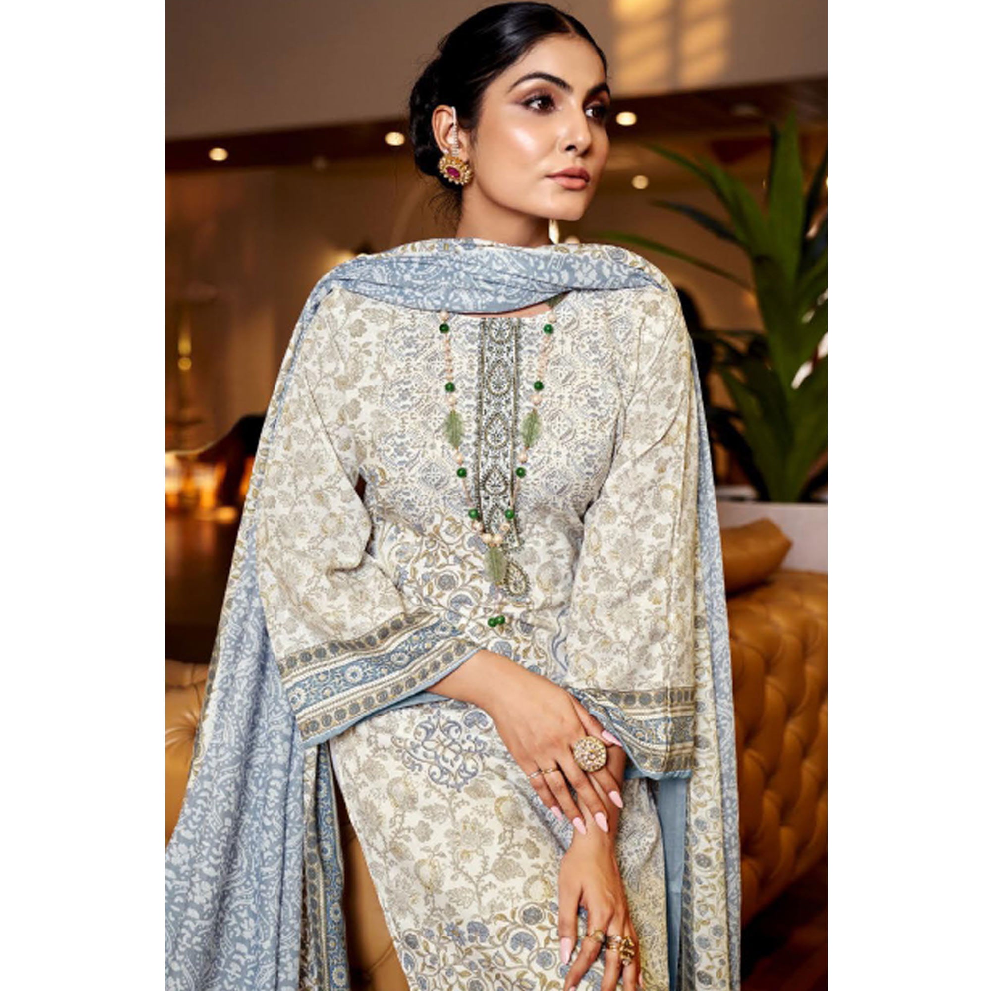 White & Grey Floral Print With Embroidered Pure Cotton Salwar Suit