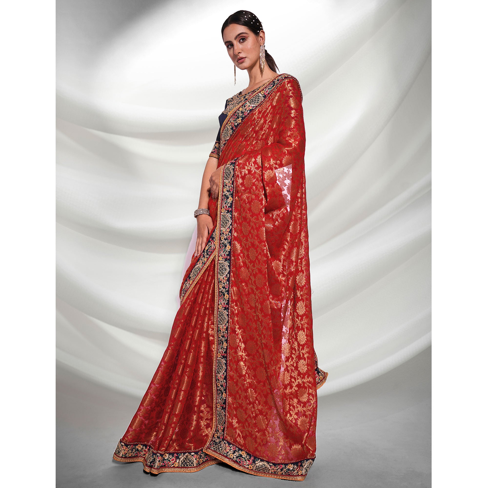 Red Woven With Embroidered Border Viscose Saree