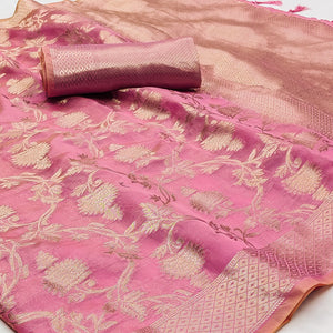 Pink Floral Woven Organza Saree