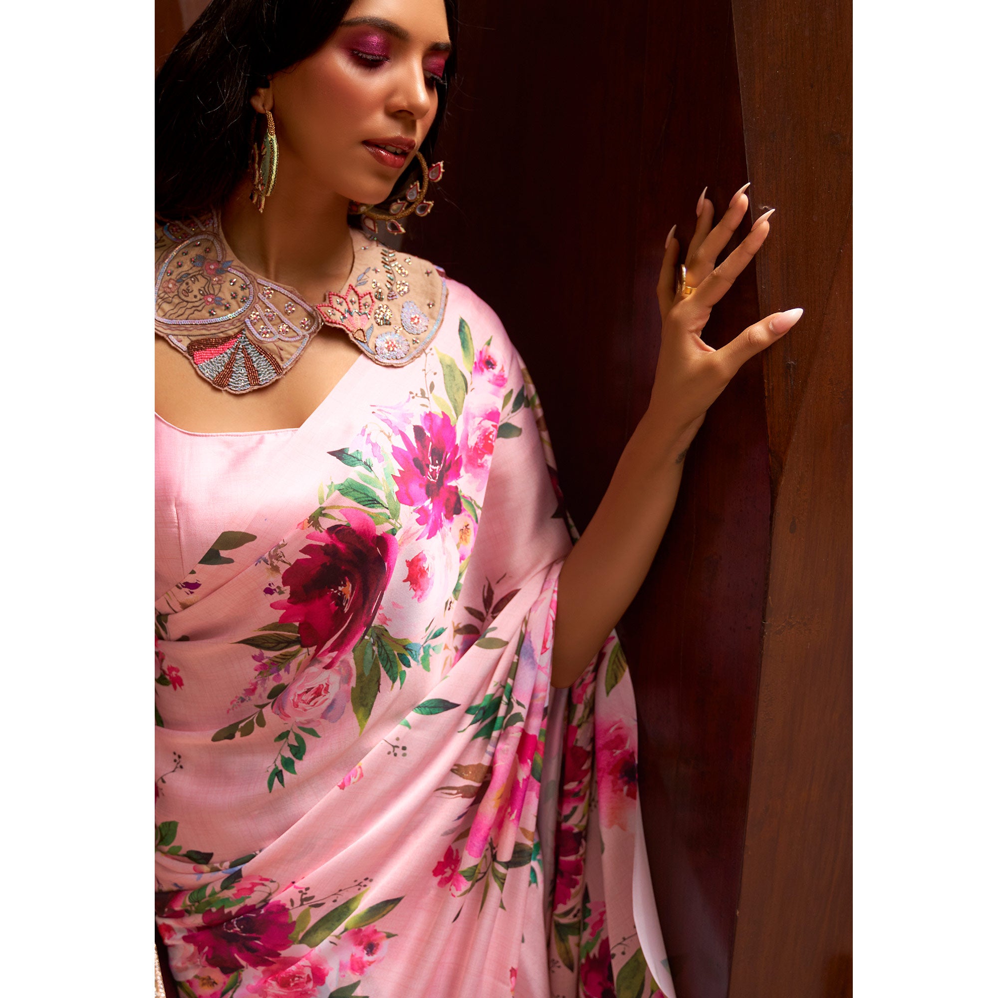 Pink Floral Digital Printed Satin Saree