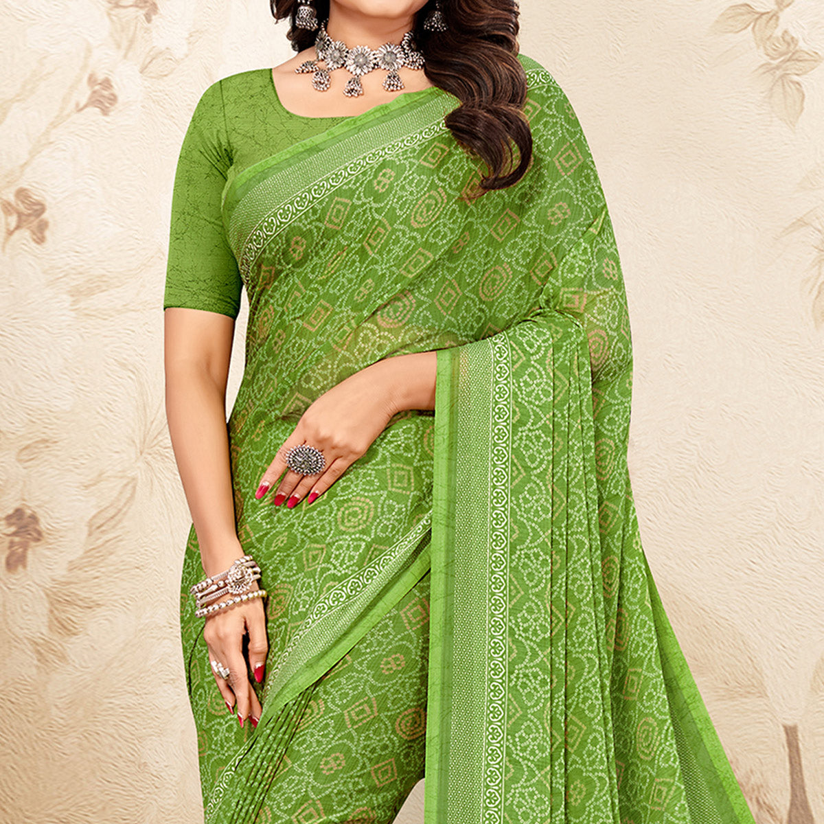 Green Bandhani Printed Chiffon Saree