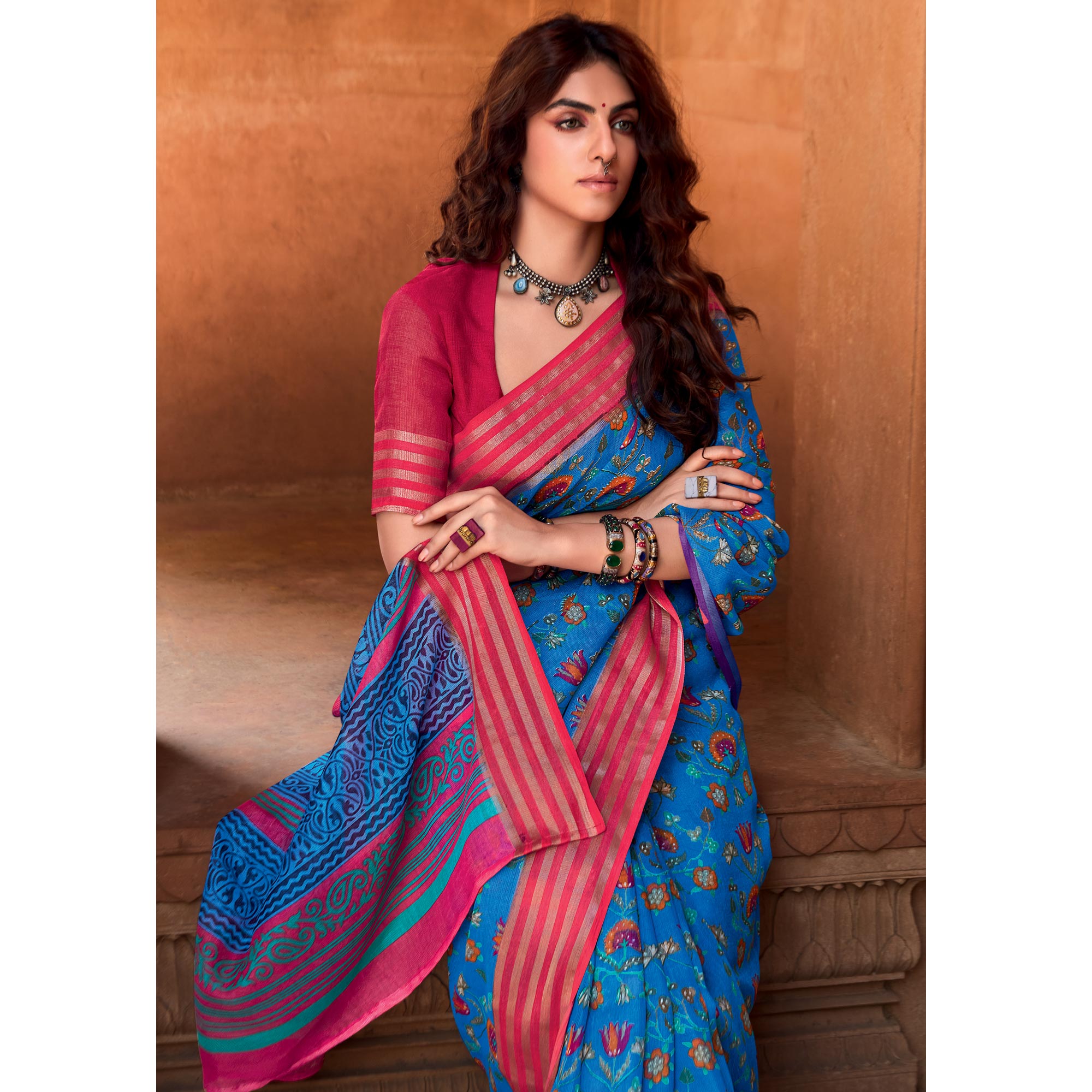 Blue Floral Printed Linen Saree
