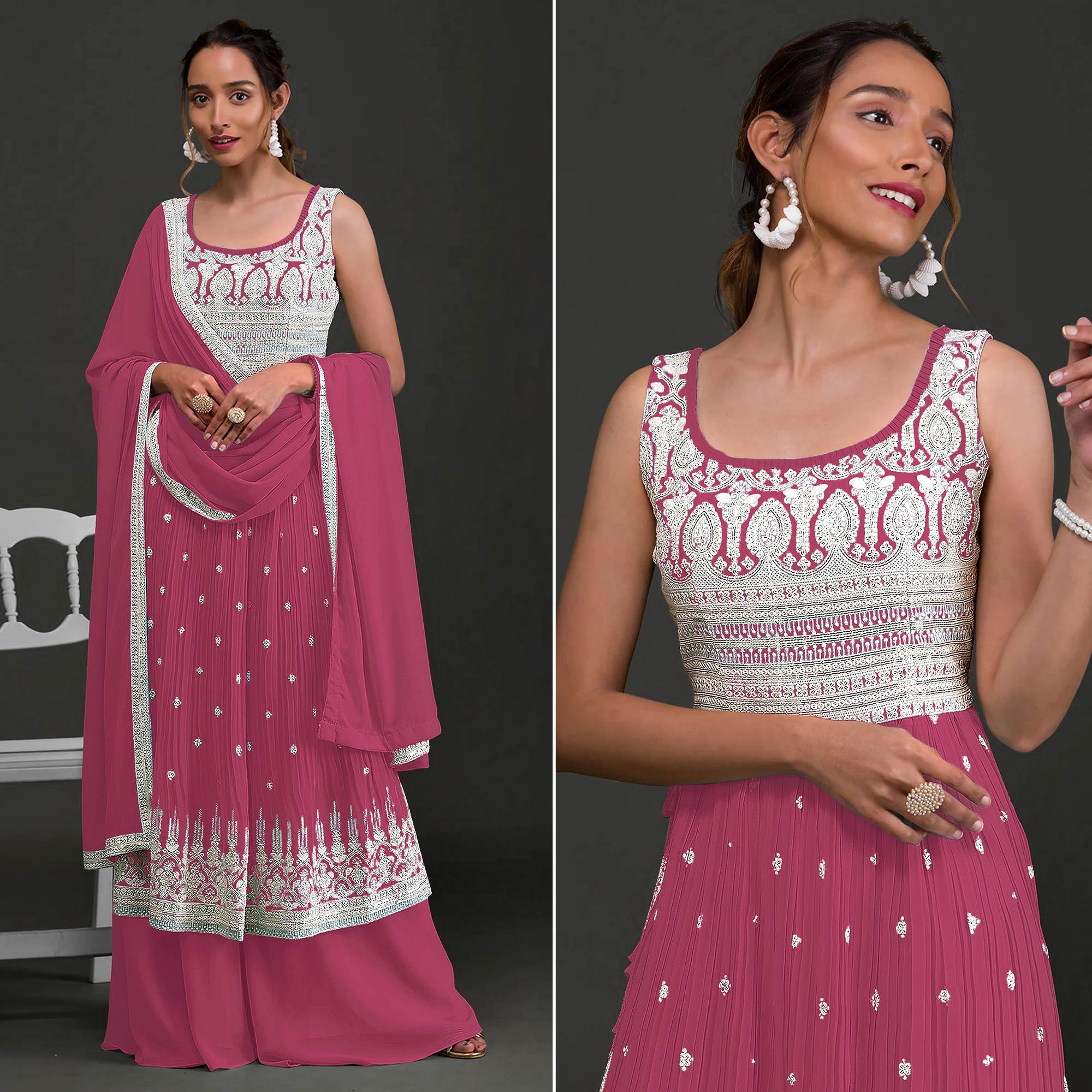 Pink Sequins Embroidered Georgette Semi Stitched Naira Cut Palazzo Suit