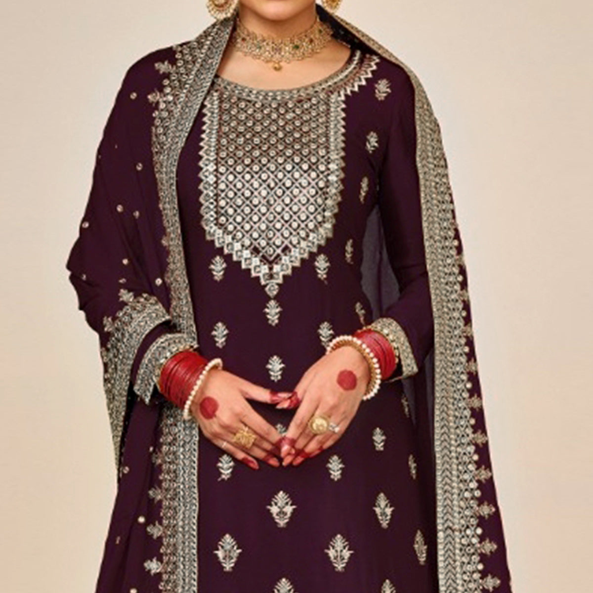 Wine Embroidered Georgette Sharara Suit