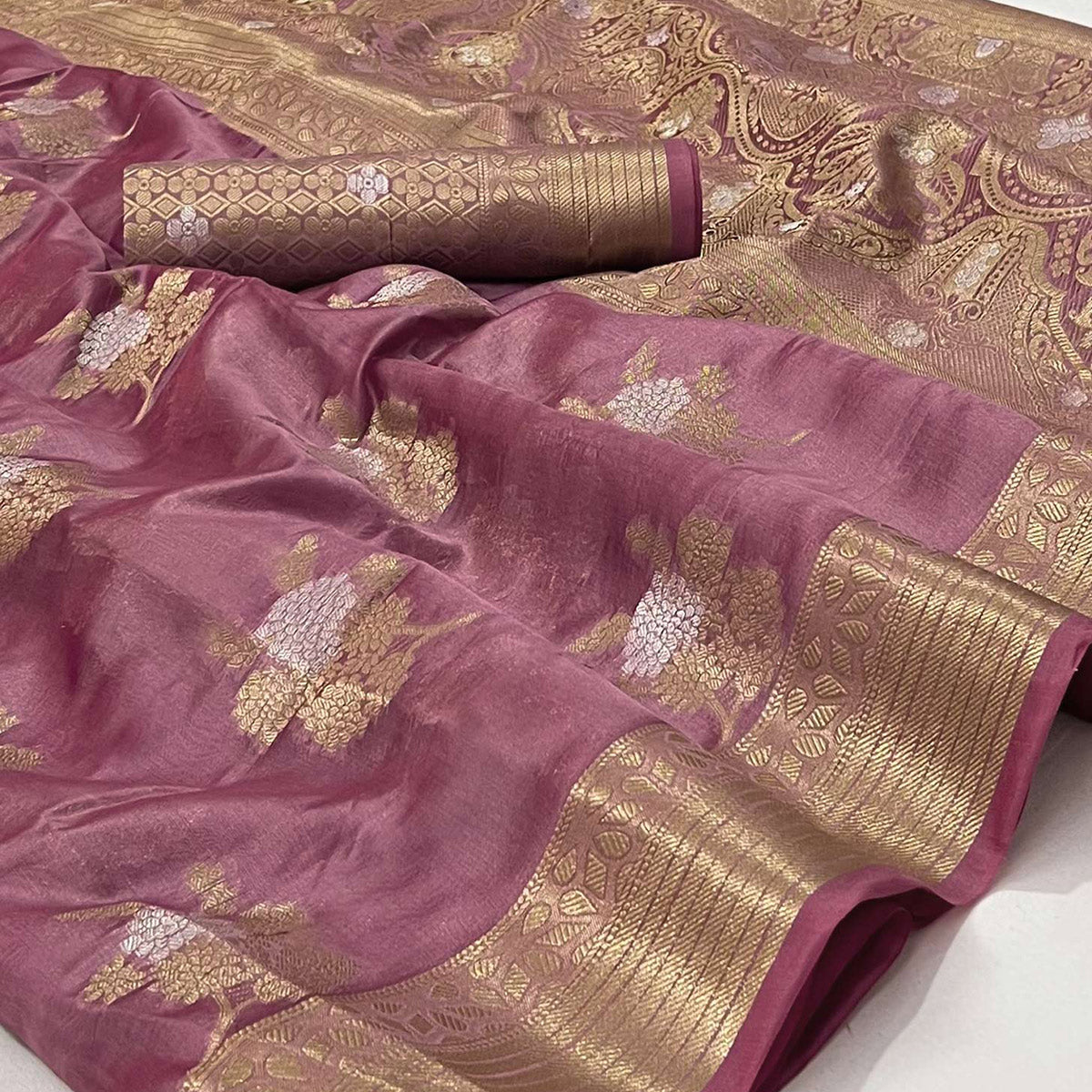 Pink Woven Organza Saree
