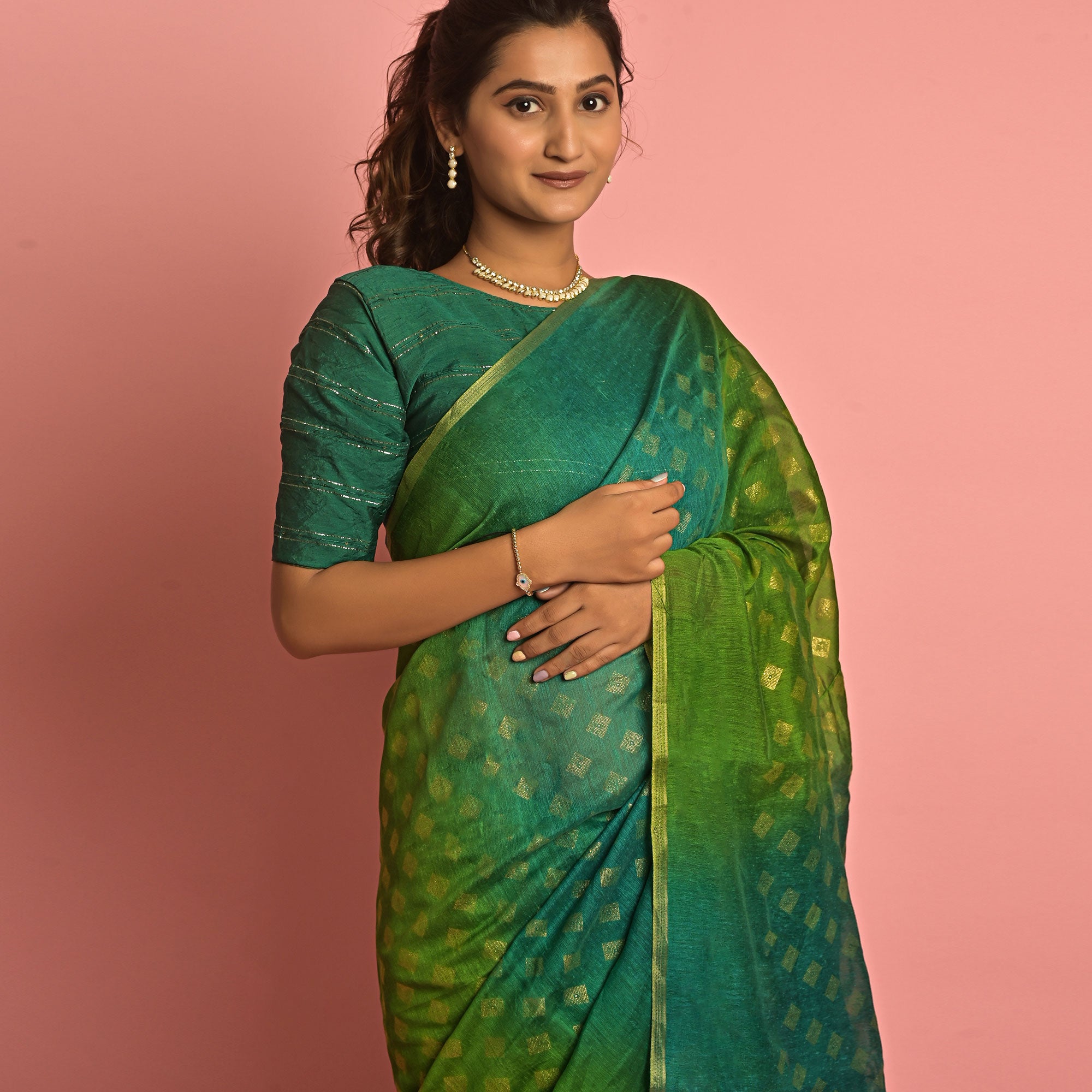 Green & Teal Foil Printed Cotton Blend Saree