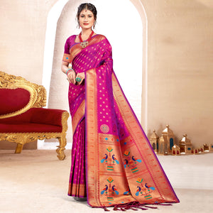 Magenta Pink Woven Art Silk Paithani Saree With Tassels