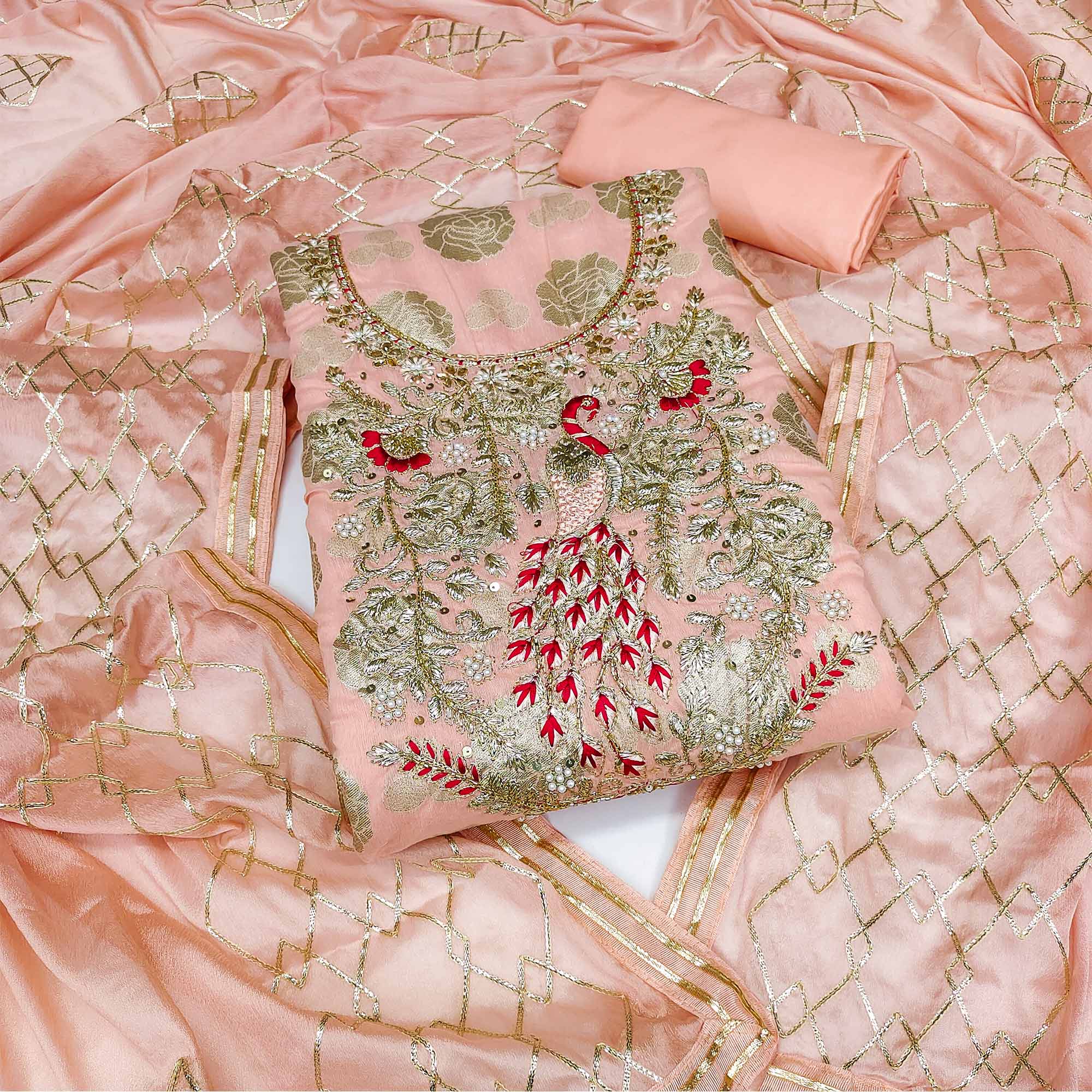 Peach Woven Banarasi Silk Dress Material