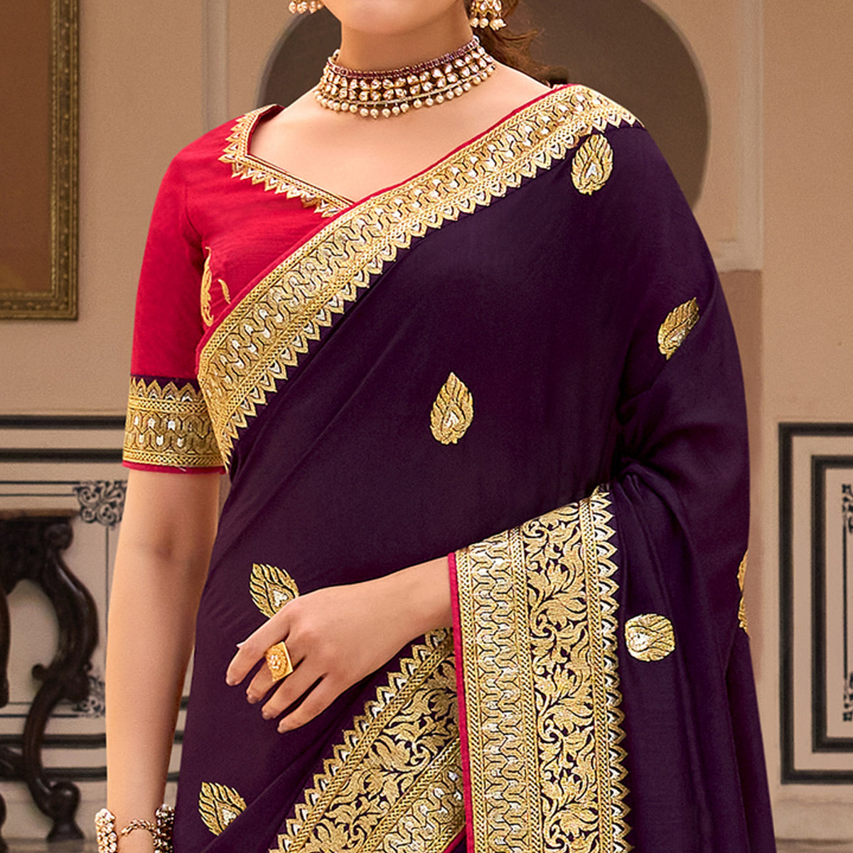 Wine Embroidered Vichitra Silk Saree With With Tassels