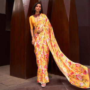 Yellow Floral Digital Printed Satin Saree