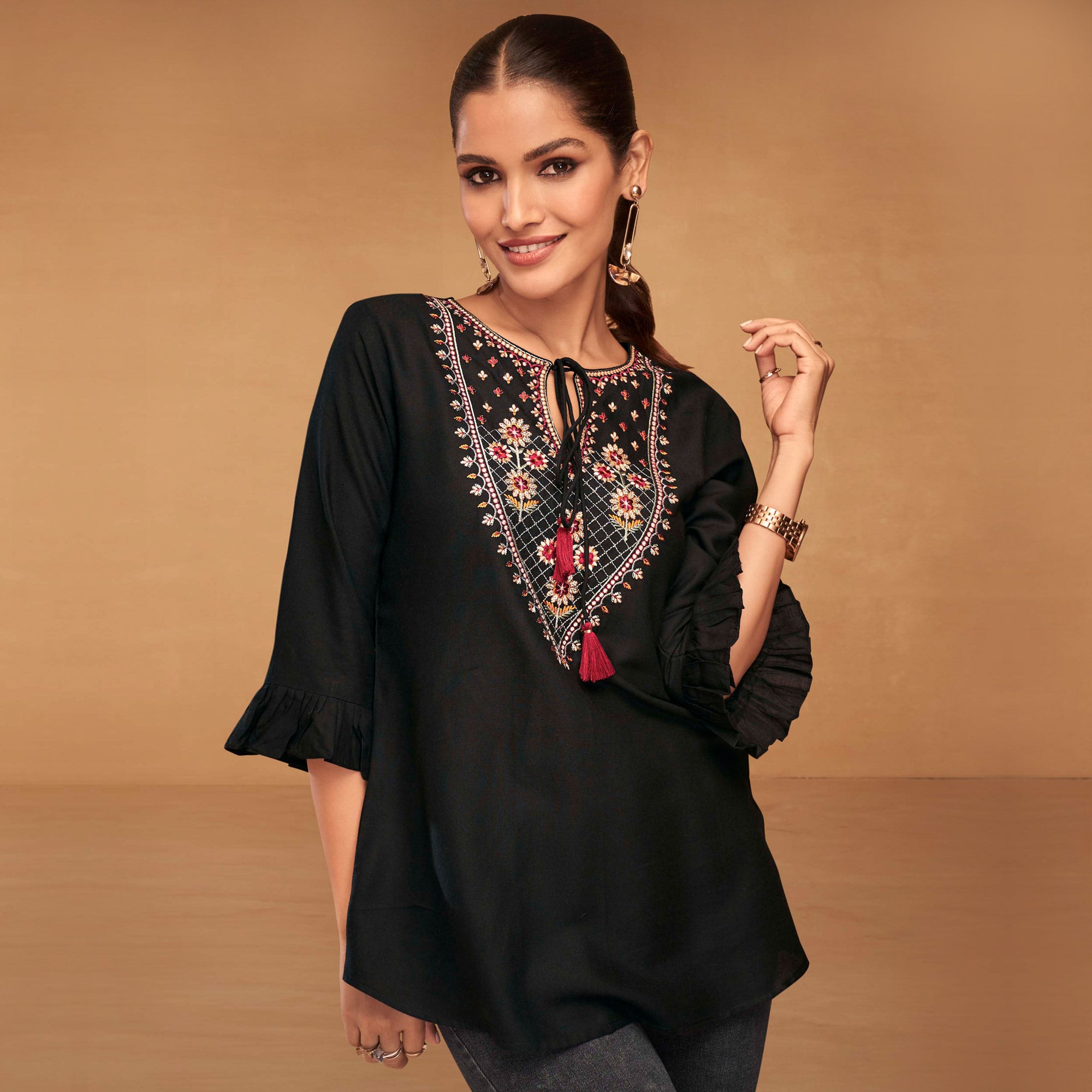 Black Floral Embroidered Rayon Top