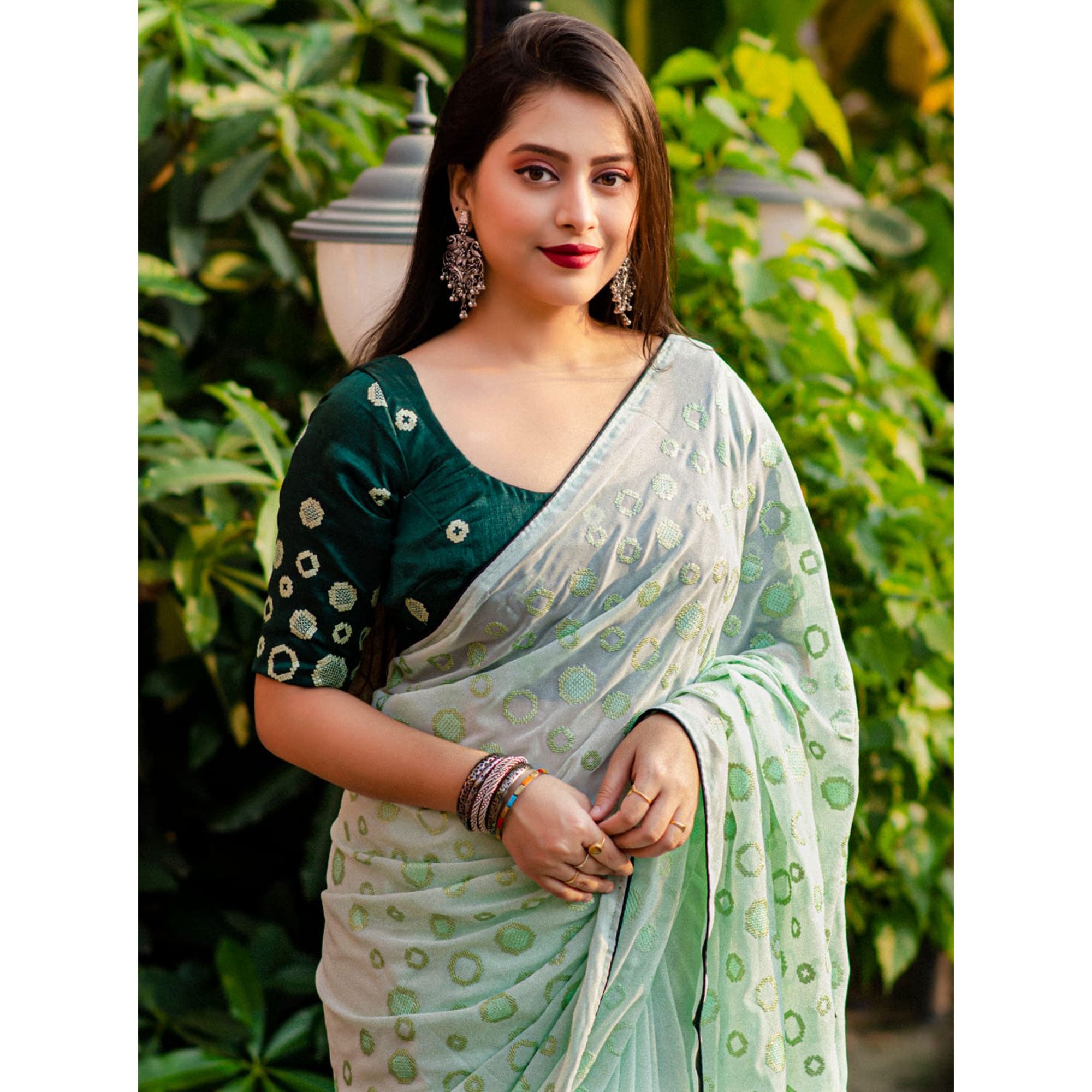 Pista Green Sequins Work Georgette Saree