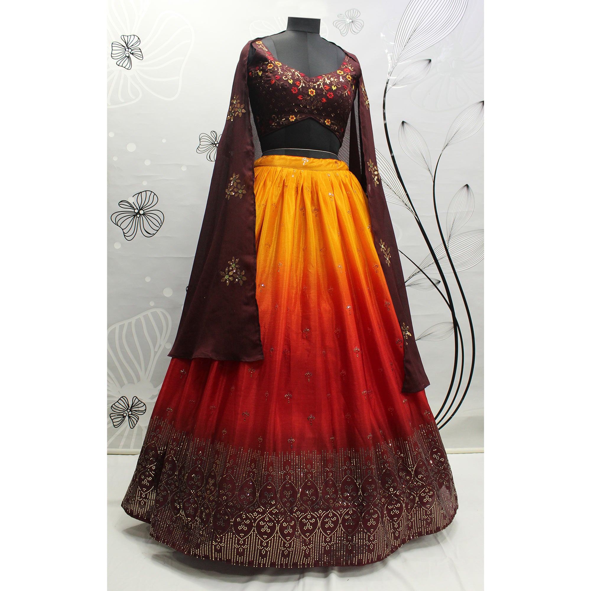 Orange & Wine Embellished Mirror Work Georgette Lehenga Choli