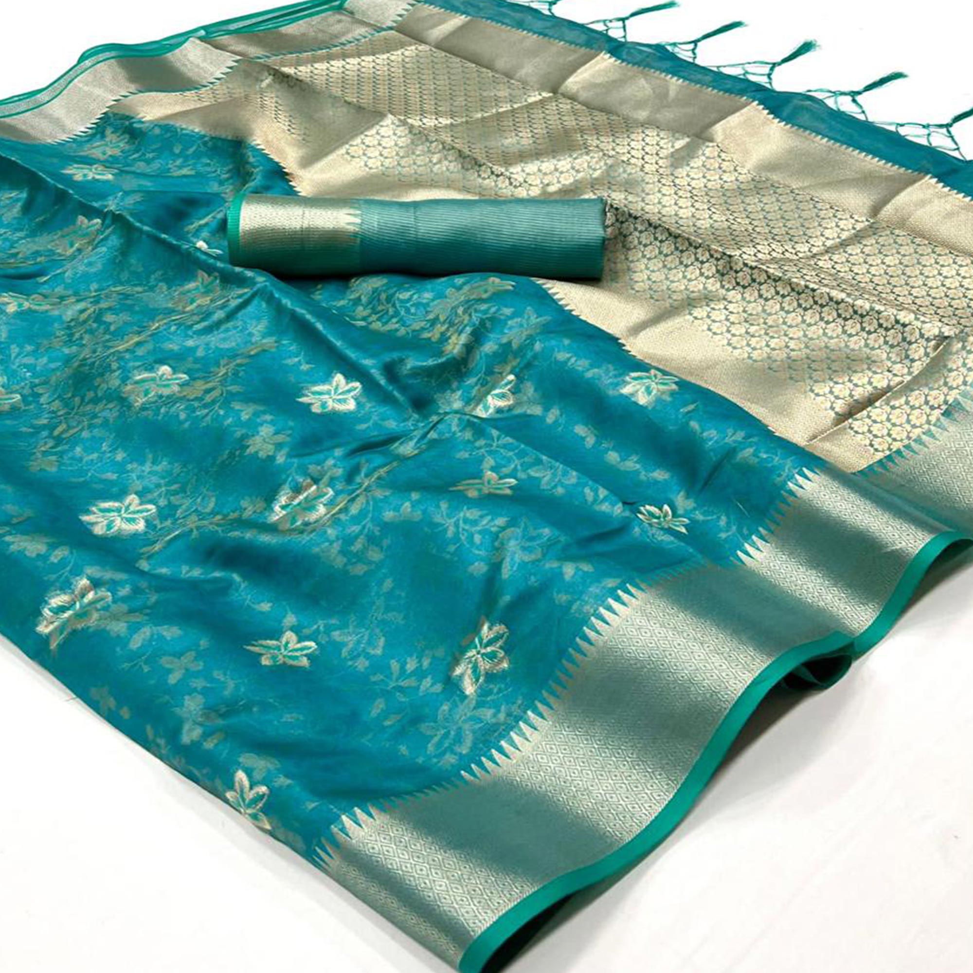 Aqua Blue Woven Organza Saree With Tassels