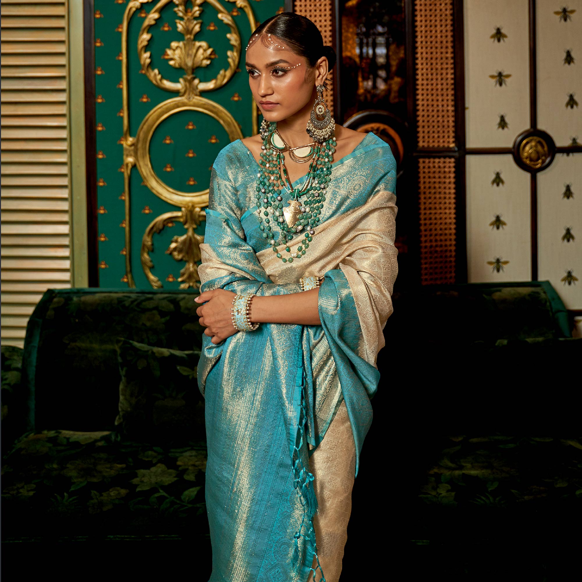 Beige Woven Art Silk Saree With Tassels