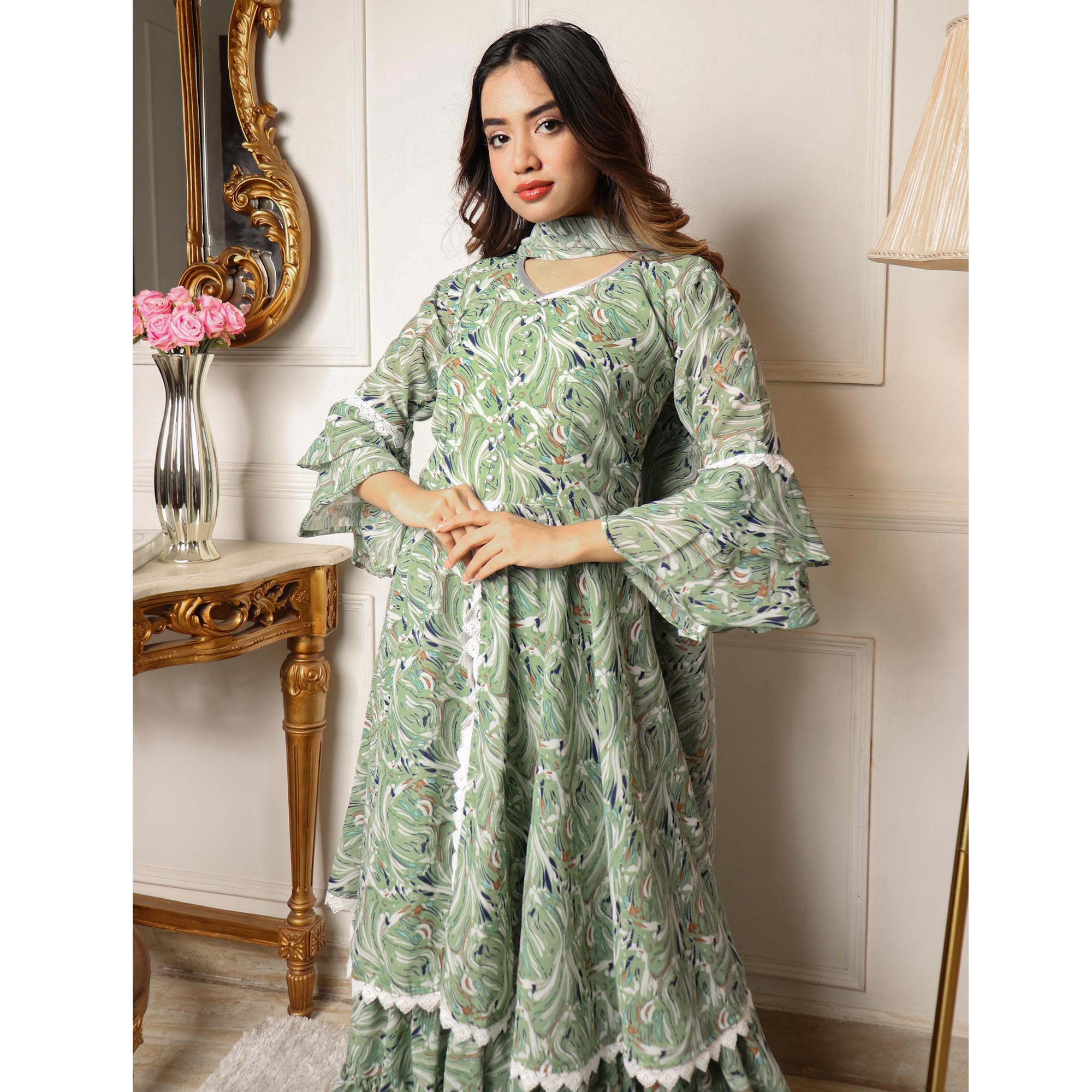 Green Printed Georgette Sharara Suit With Crosia border