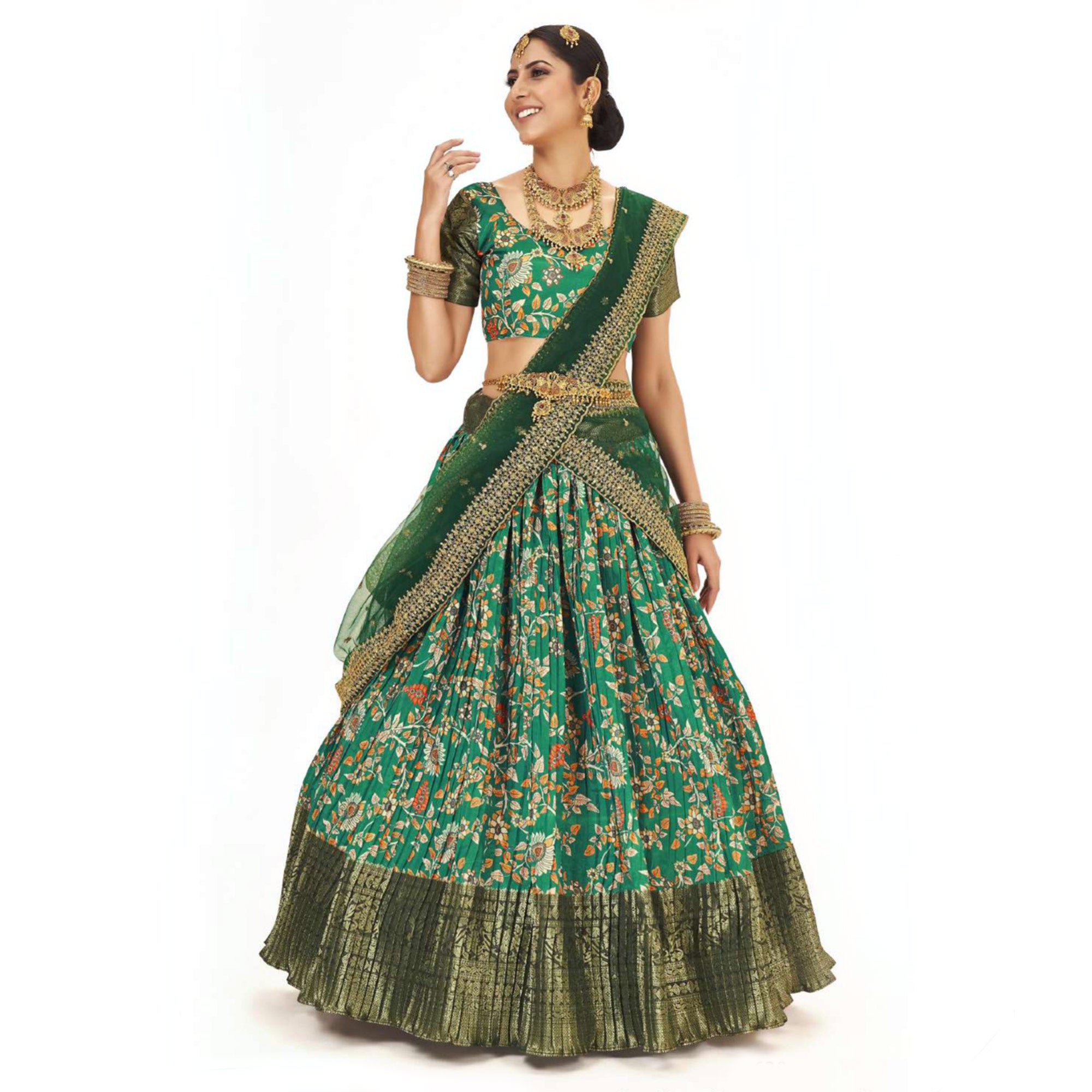 Sea Green Digital Printed With Zari Work Art Silk Lehenga Choli