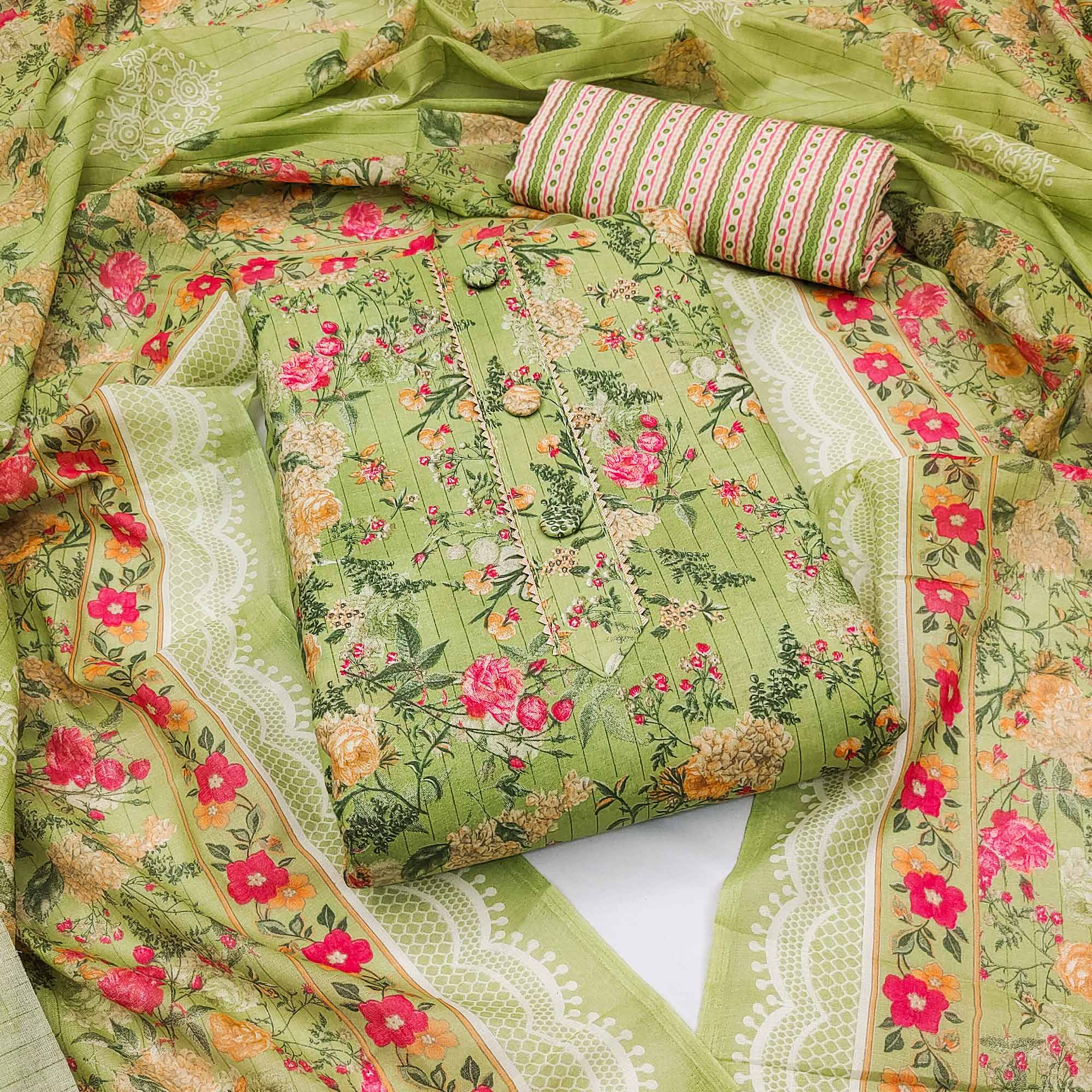 Green Floral Printed Printed Cotton Blend Dress Material