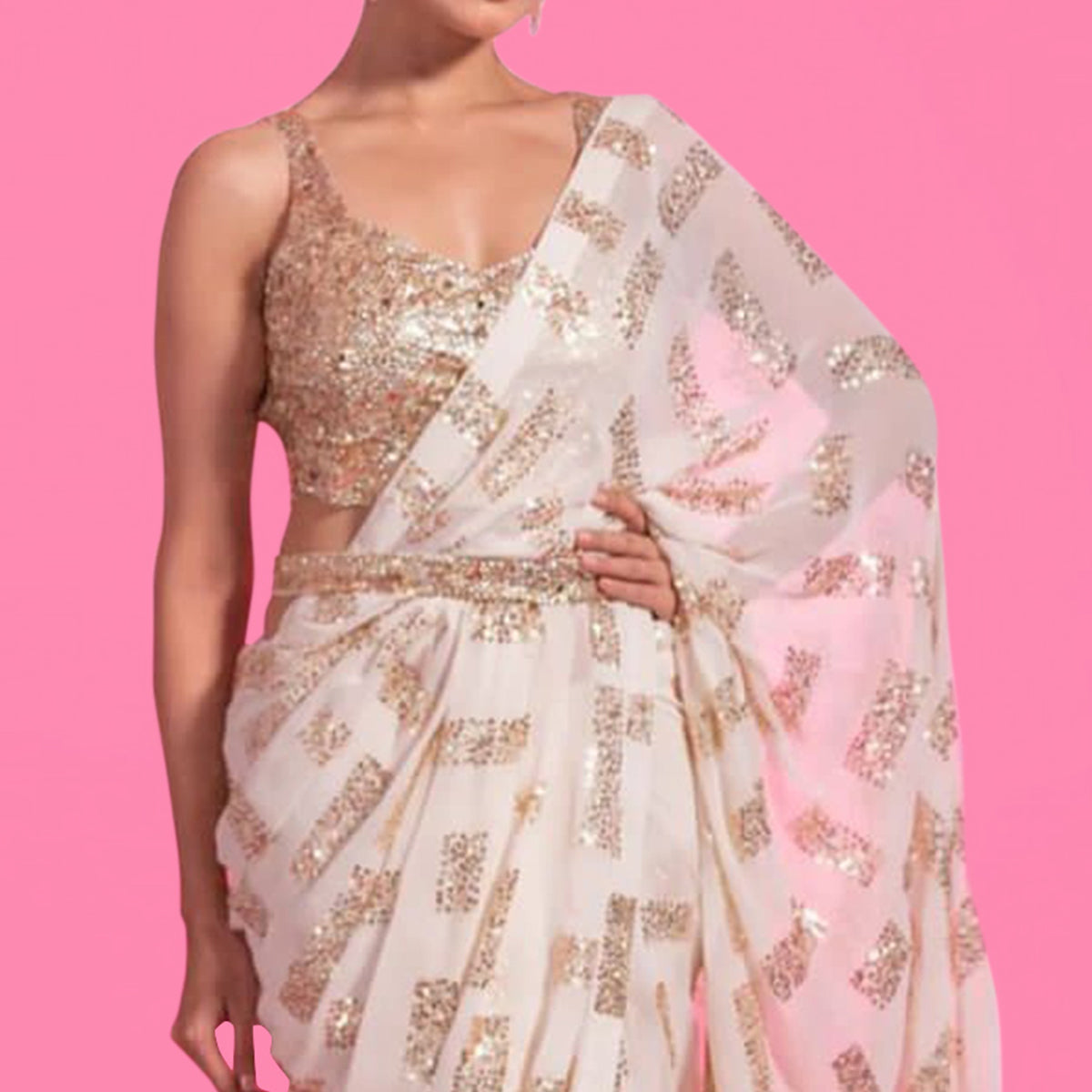 White Sequins Embroidered Georgette Saree