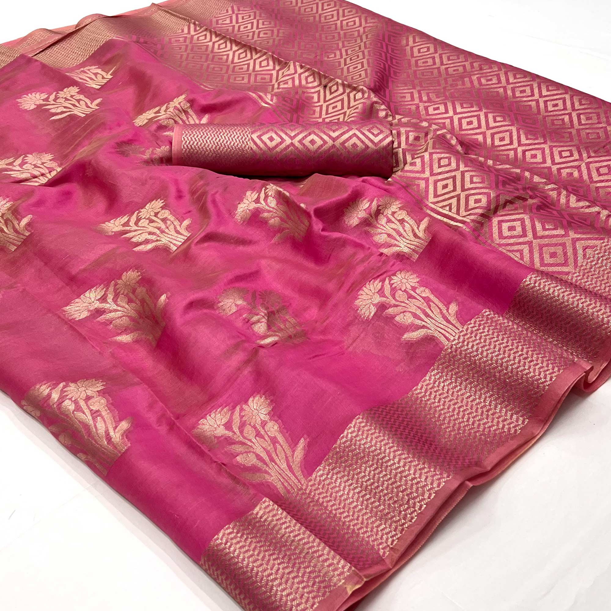 Rani Pink Floral Woven Organza Saree