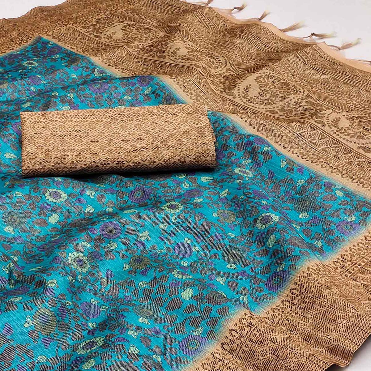 Blue Floral Printed Cotton Silk Saree With Tassels