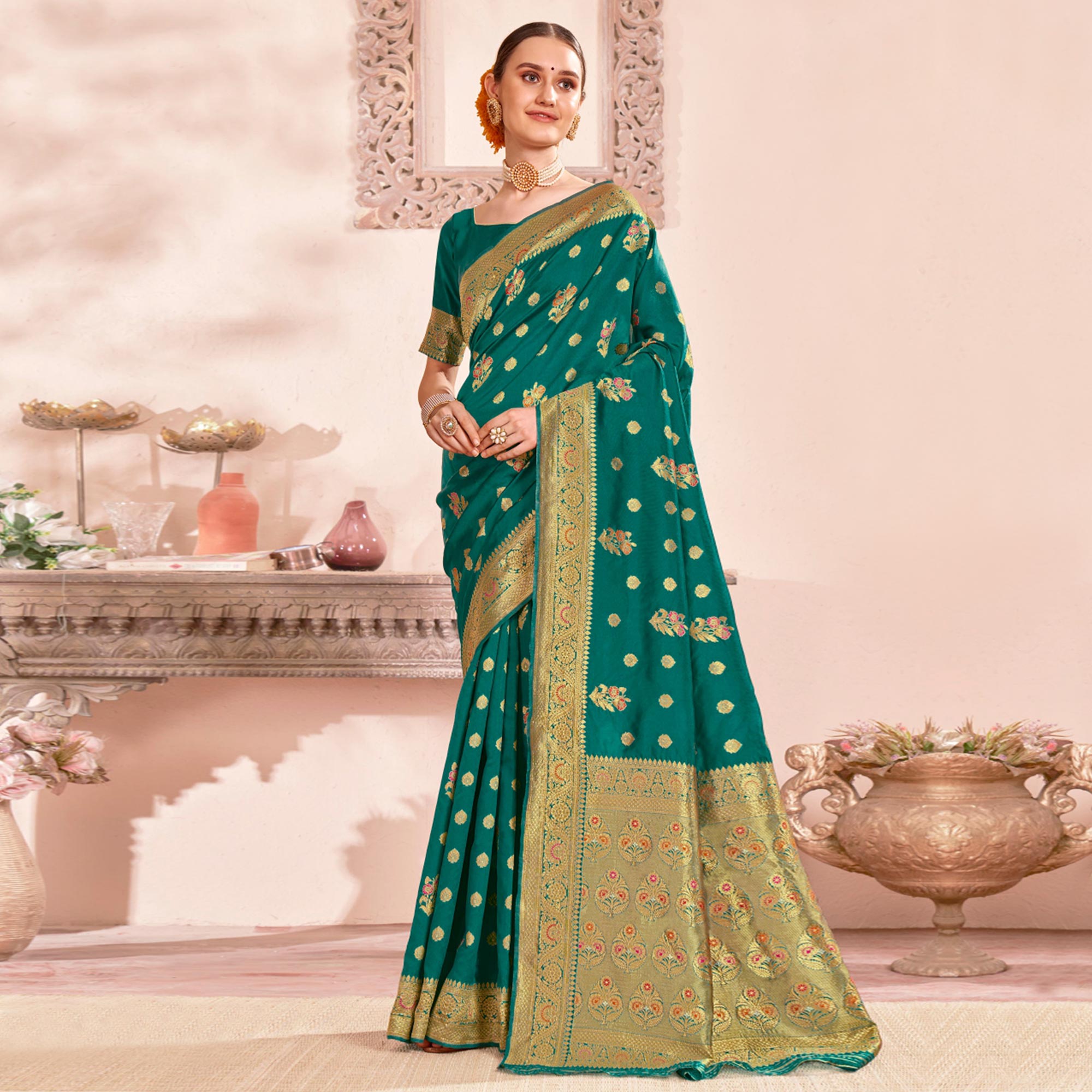 Rama Green Woven Art Silk Saree