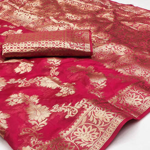 Pink Floral Woven Art Silk Saree With Tassels