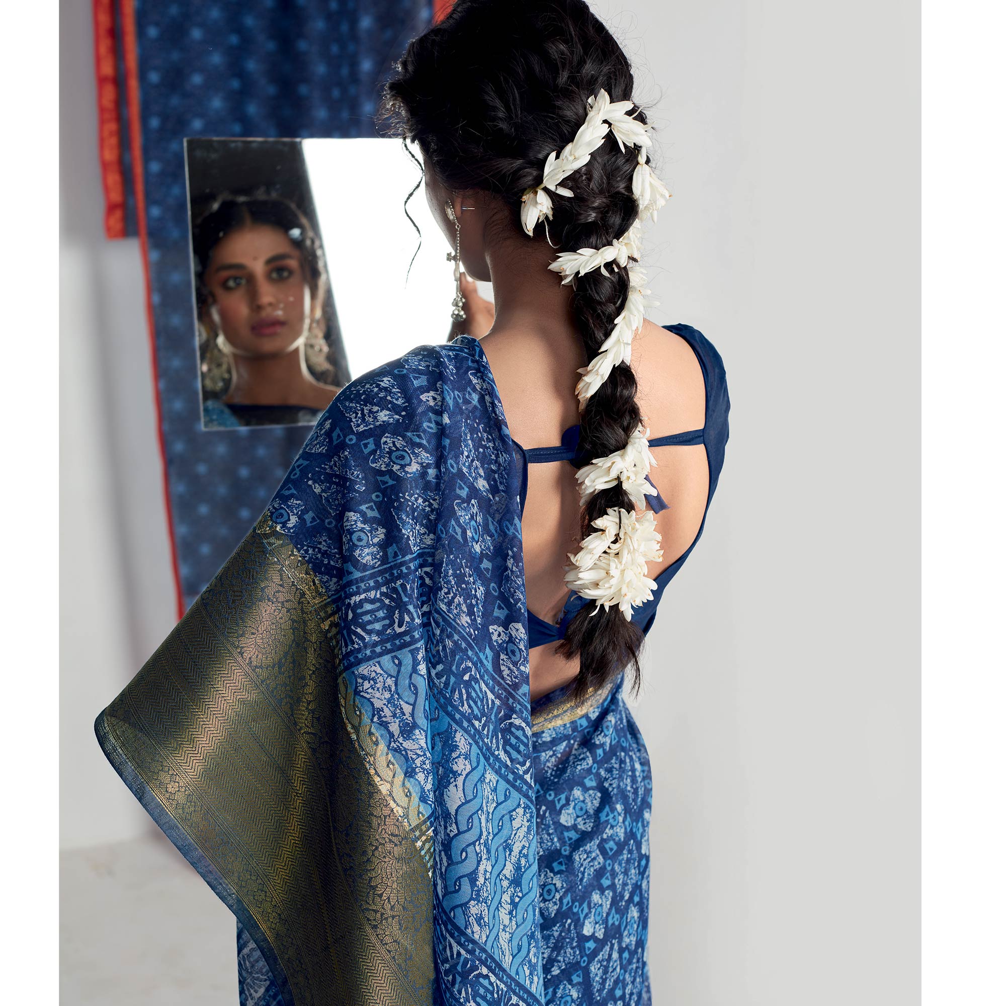Blue Printed With Woven Border Cotton Blend Saree
