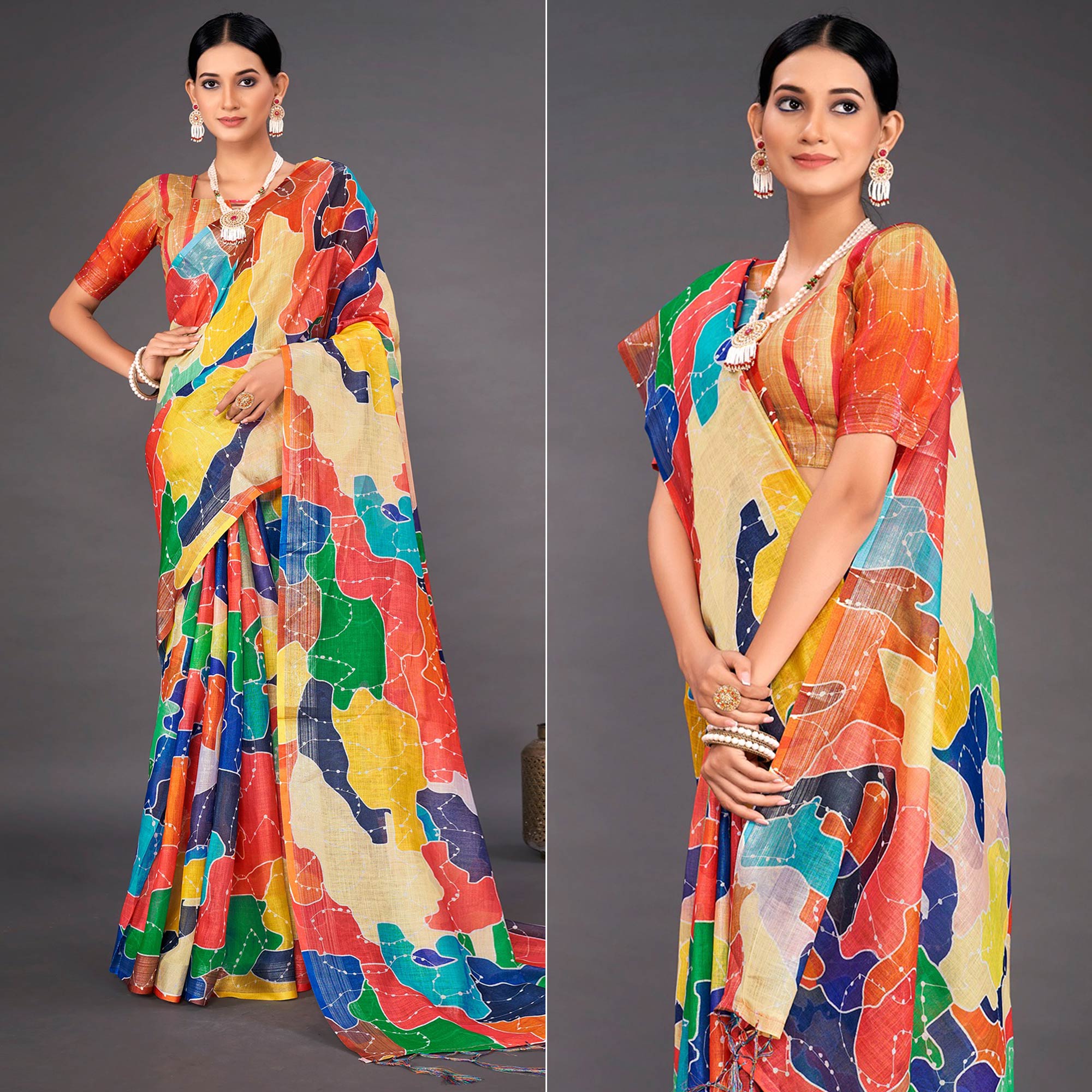 Multicolored Printed Crepe Saree Tassels