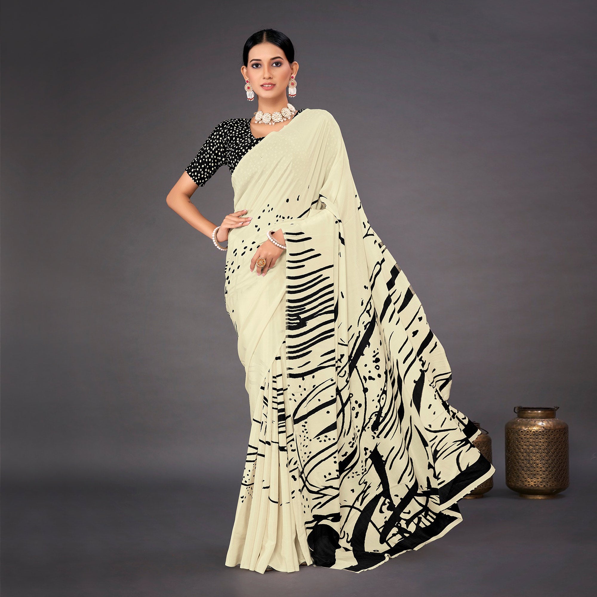 Off White Digital Printed Crepe Saree