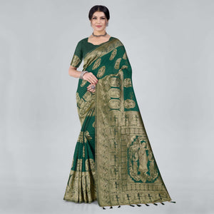 Green Woven Organza Saree With Tassels