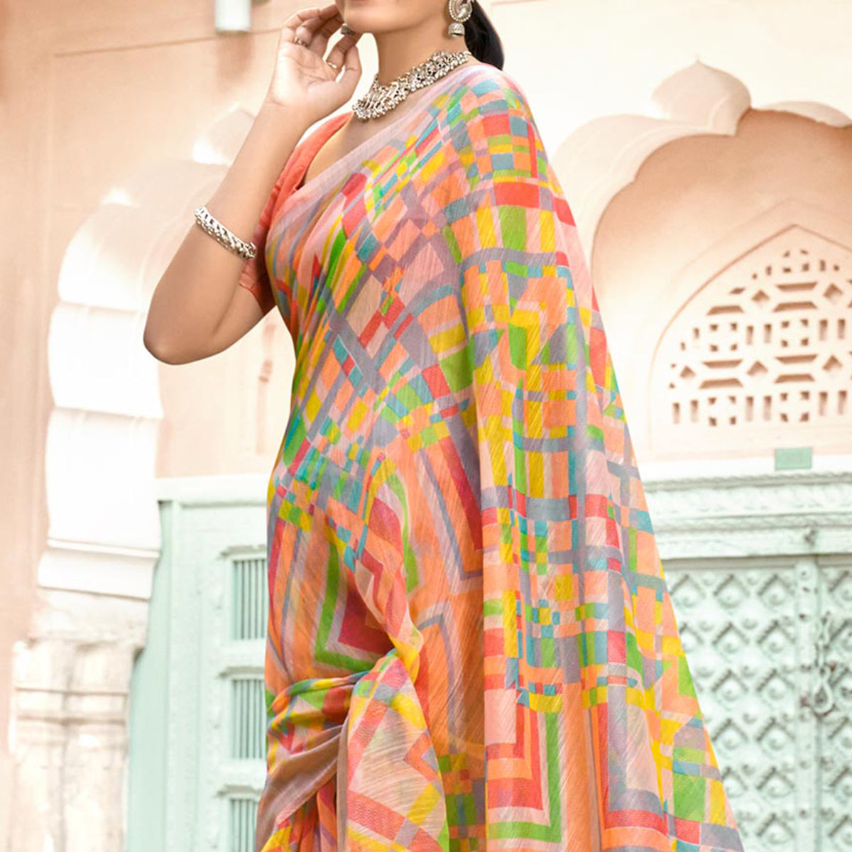 Peach Printed Cotton Blend Saree
