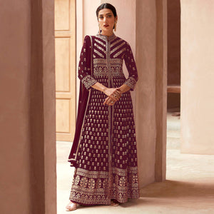 Maroon Floral Embroidered Georgette Palazzo Suit